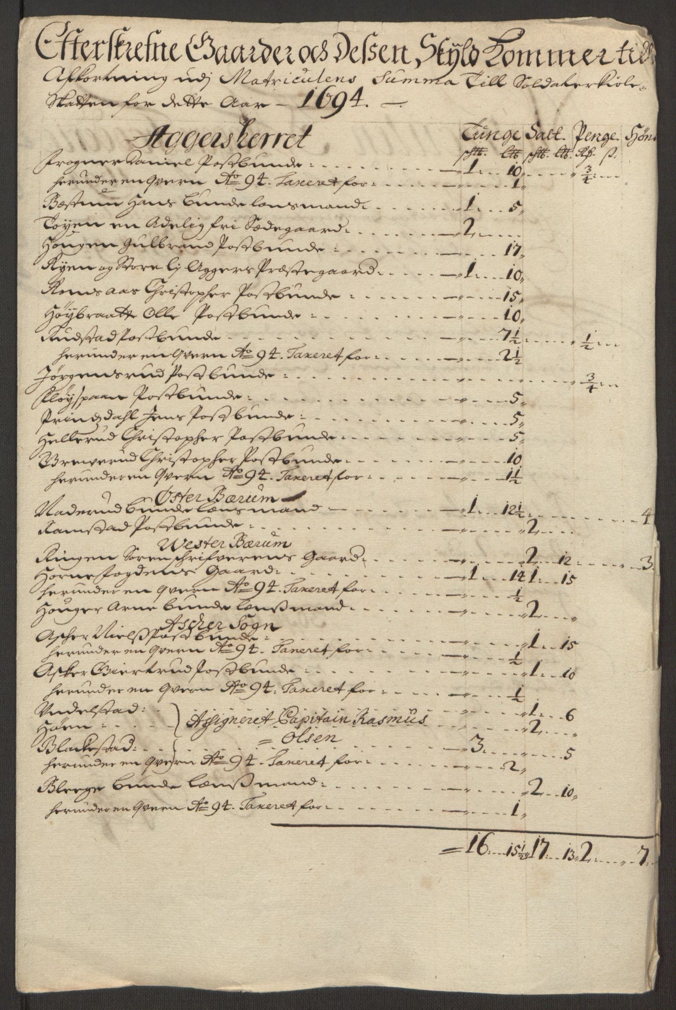 Rentekammeret inntil 1814, Reviderte regnskaper, Fogderegnskap, AV/RA-EA-4092/R10/L0438: Fogderegnskap Aker og Follo, 1694, p. 157