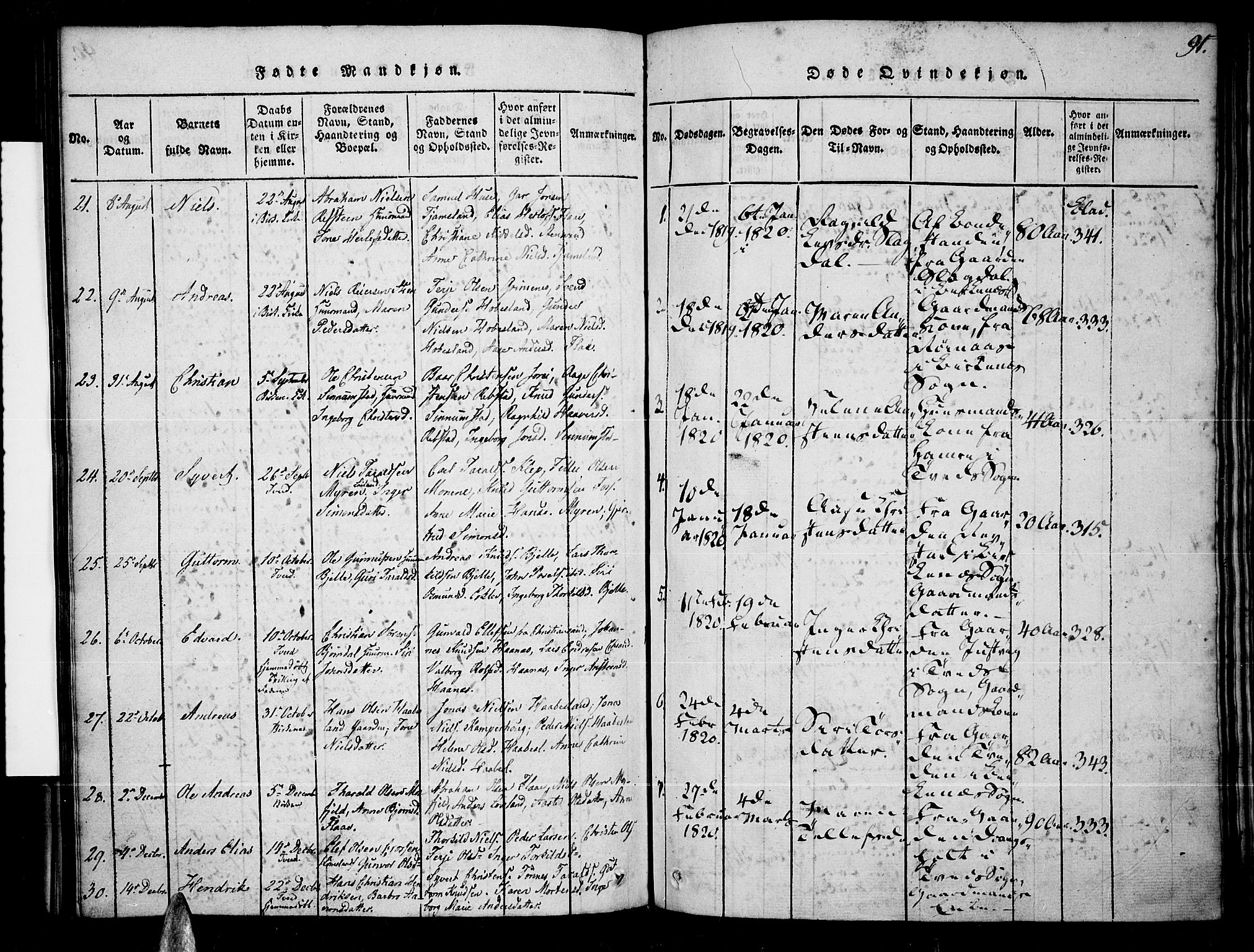 Tveit sokneprestkontor, AV/SAK-1111-0043/F/Fa/L0002: Parish register (official) no. A 2, 1820-1830, p. 91