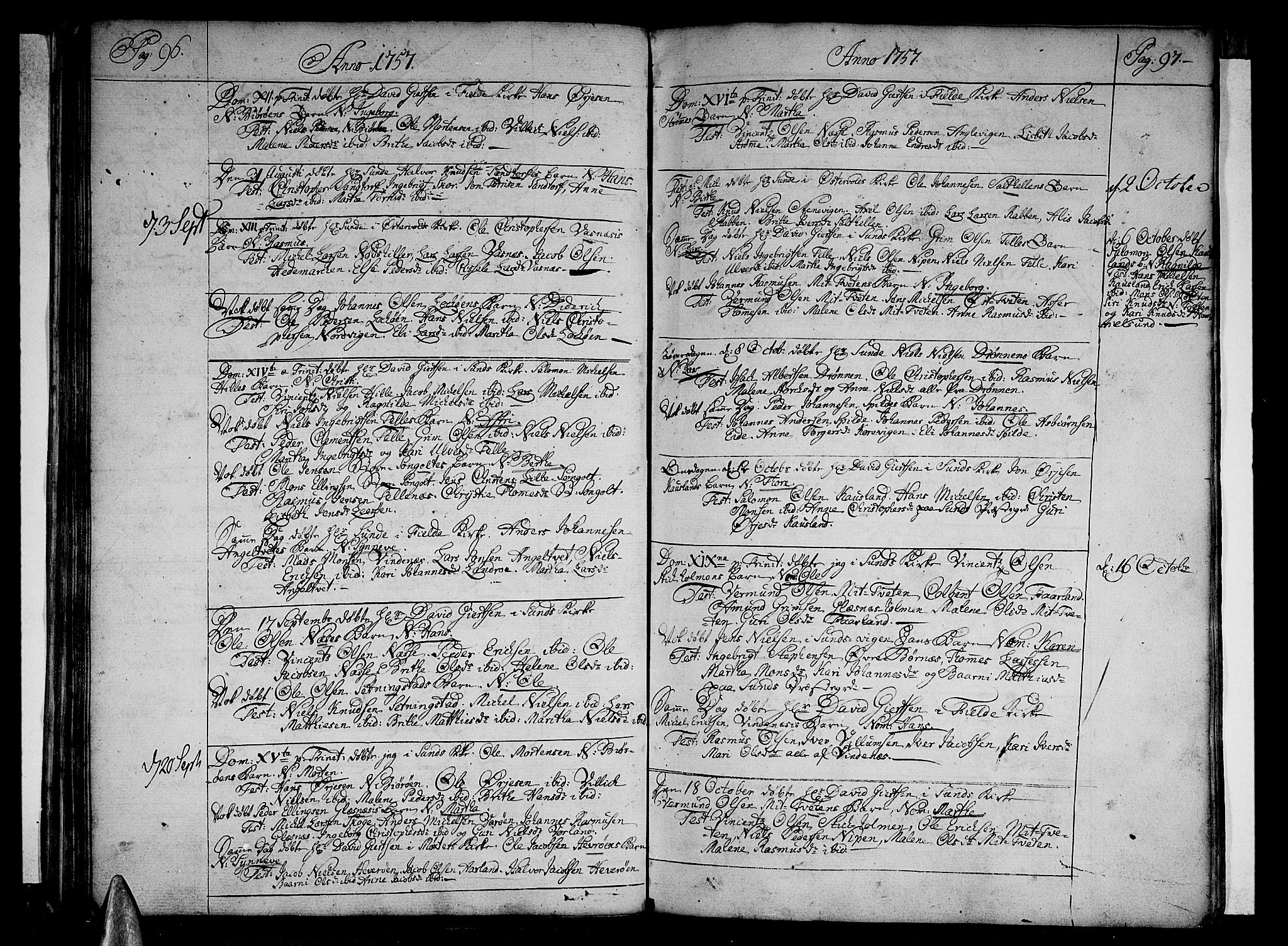 Sund sokneprestembete, AV/SAB-A-99930: Parish register (official) no. A 4, 1748-1769, p. 96-97