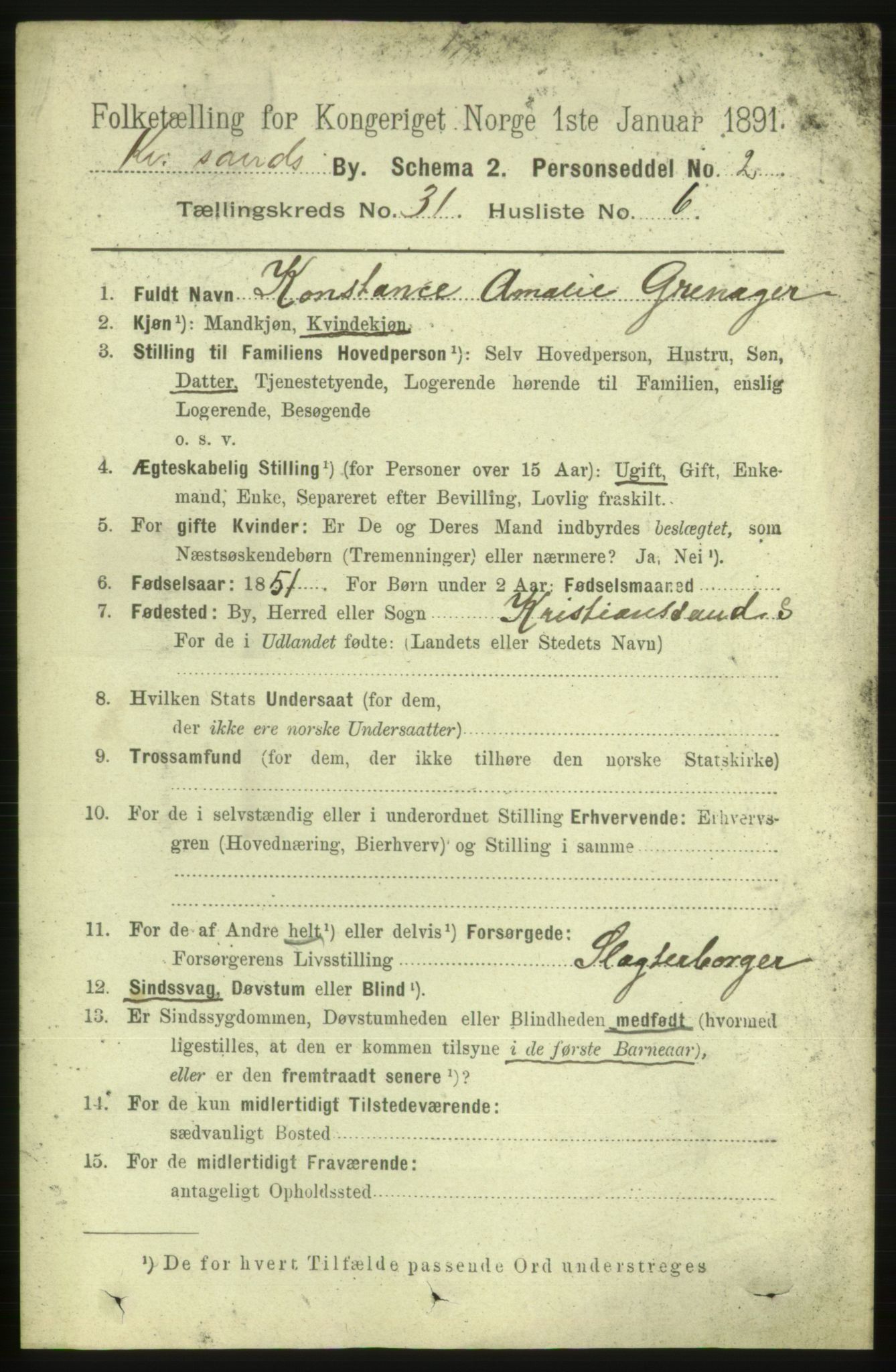 RA, 1891 census for 1001 Kristiansand, 1891, p. 9774