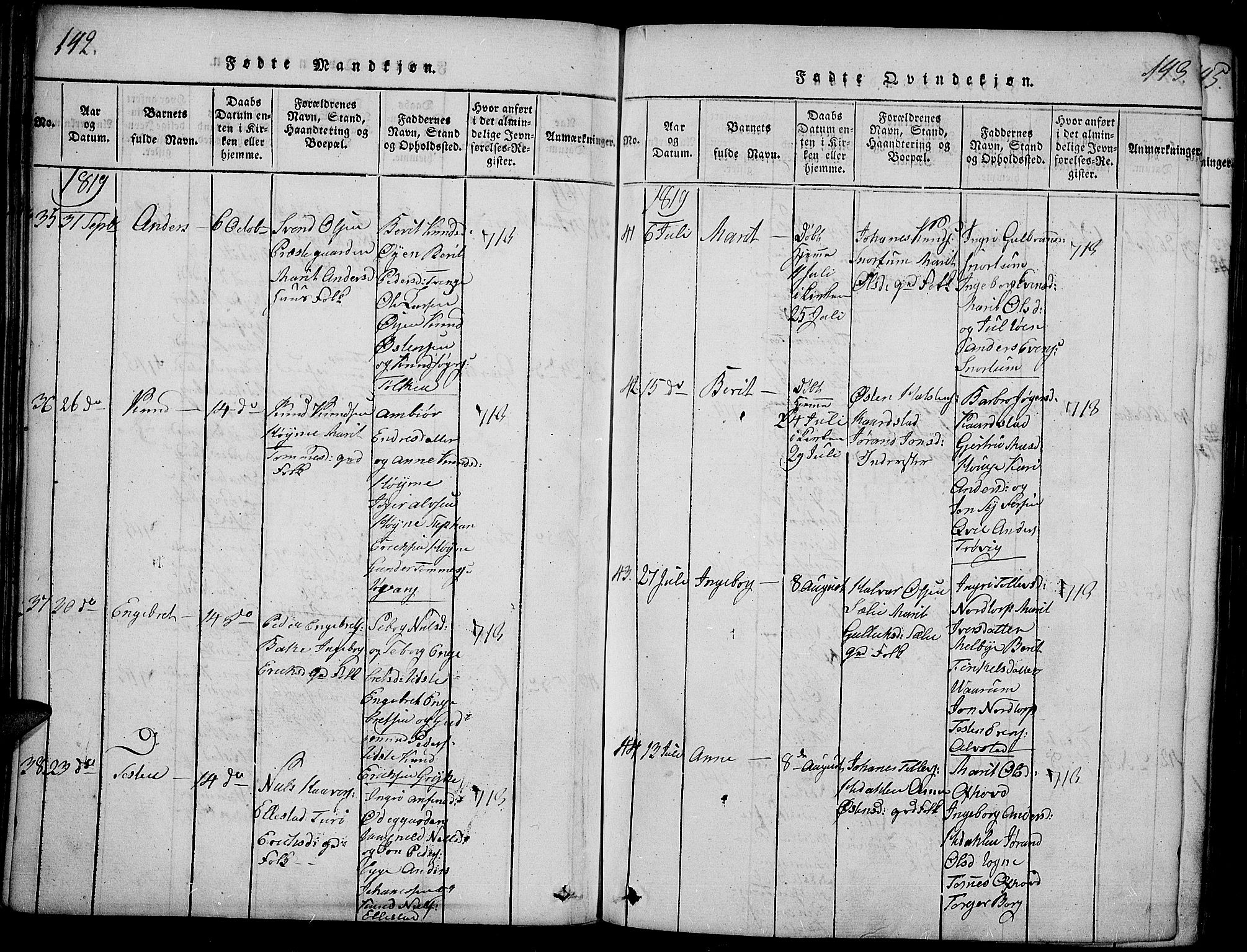 Slidre prestekontor, SAH/PREST-134/H/Ha/Haa/L0002: Parish register (official) no. 2, 1814-1830, p. 142-143