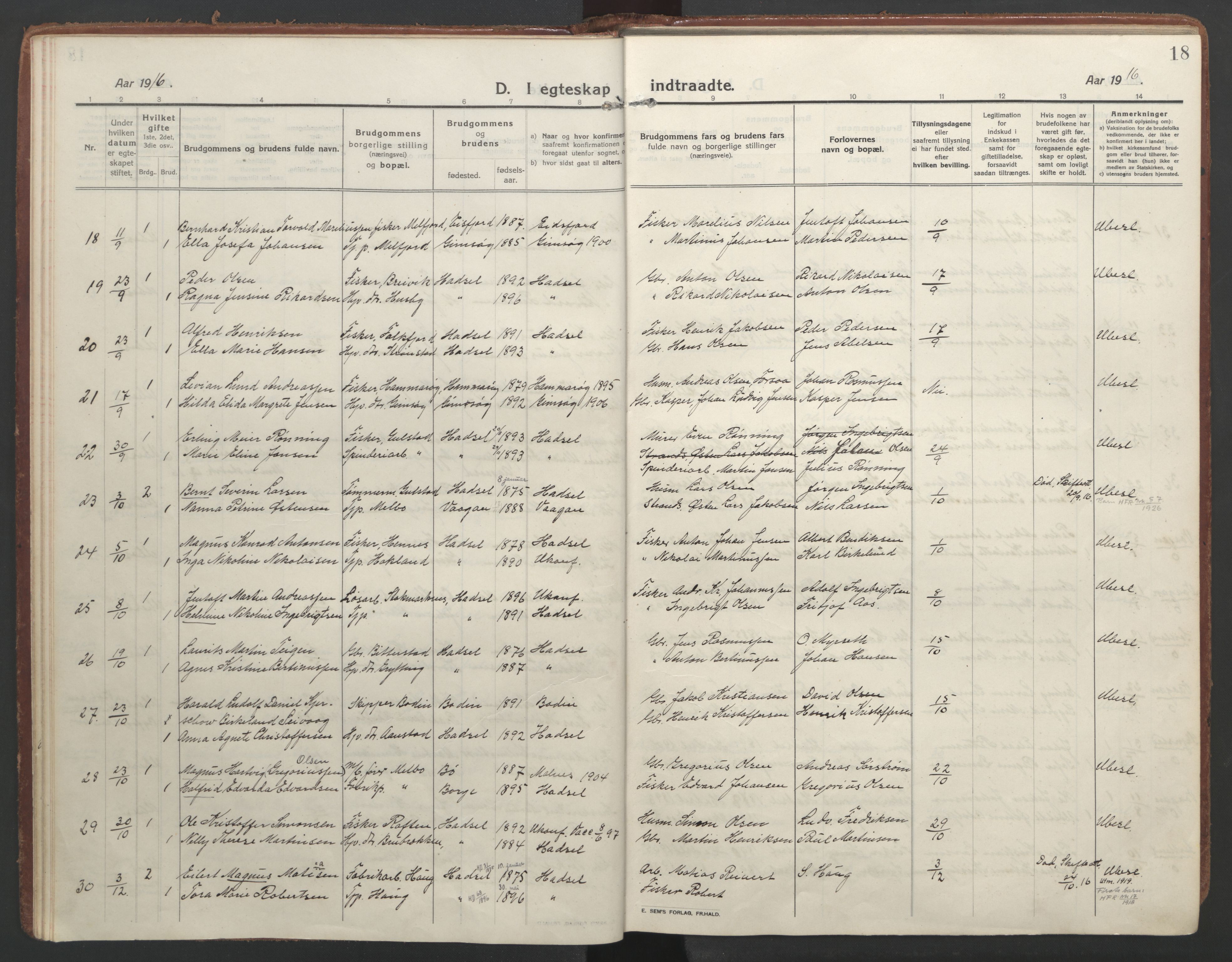 Ministerialprotokoller, klokkerbøker og fødselsregistre - Nordland, AV/SAT-A-1459/888/L1251: Parish register (official) no. 888A17, 1913-1925, p. 18