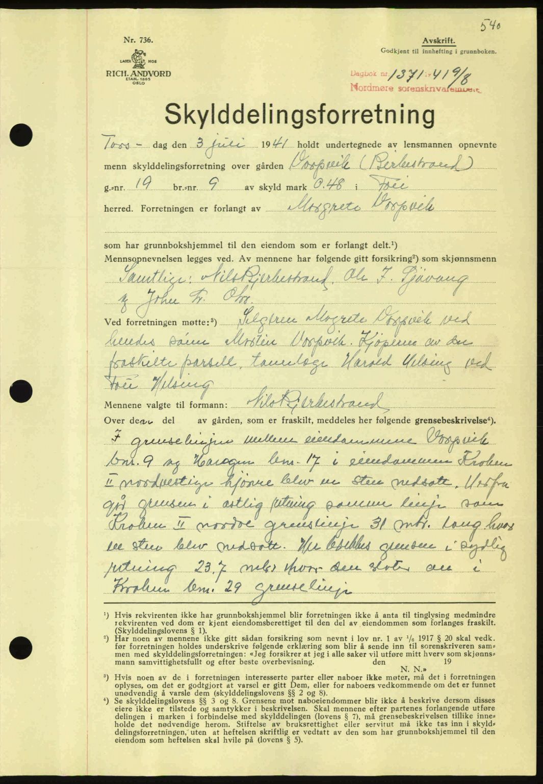 Nordmøre sorenskriveri, SAT/A-4132/1/2/2Ca: Mortgage book no. A90, 1941-1941, Diary no: : 1371/1941