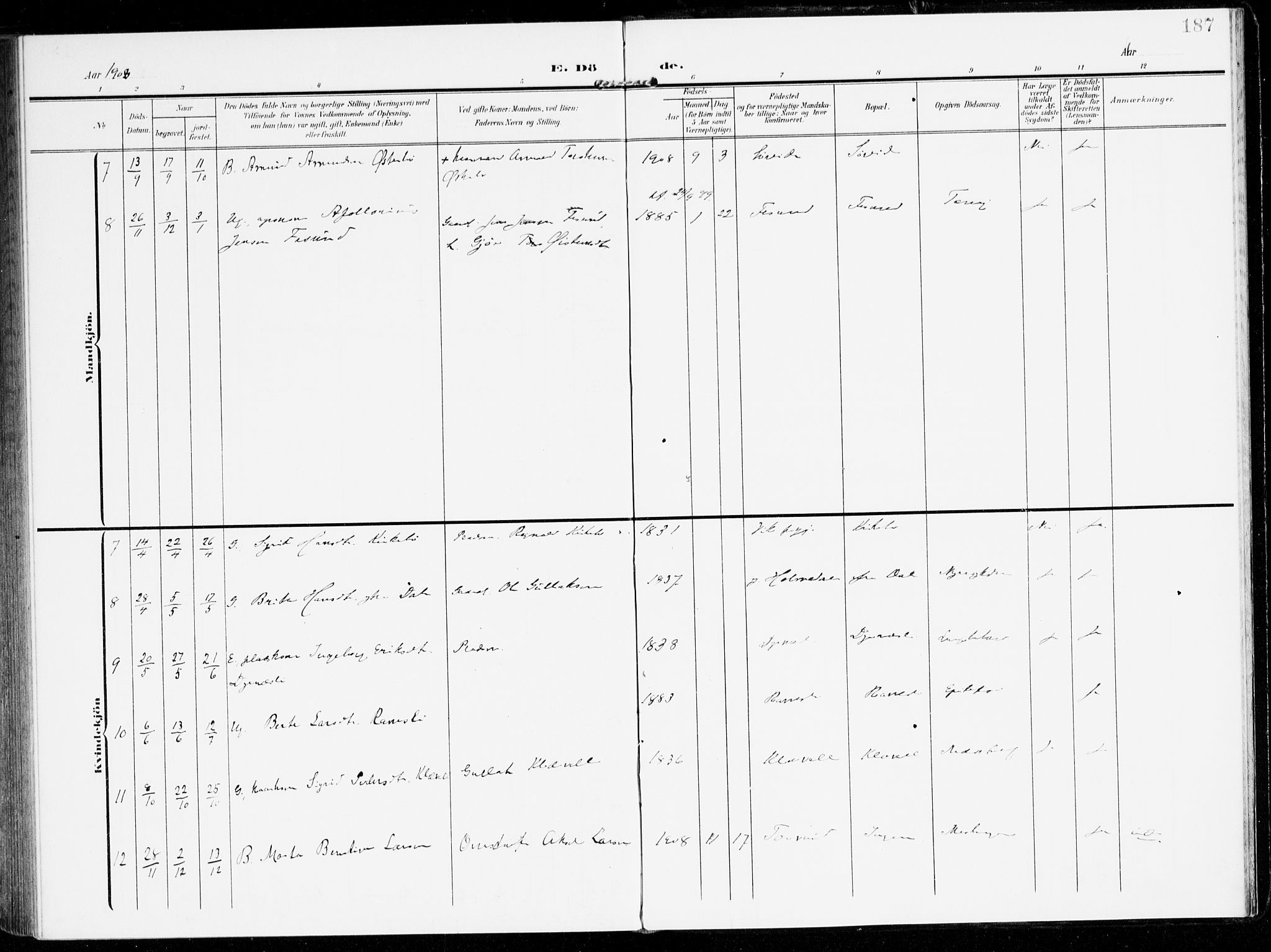 Lavik sokneprestembete, AV/SAB-A-80901: Parish register (official) no. C 2, 1904-1921, p. 187