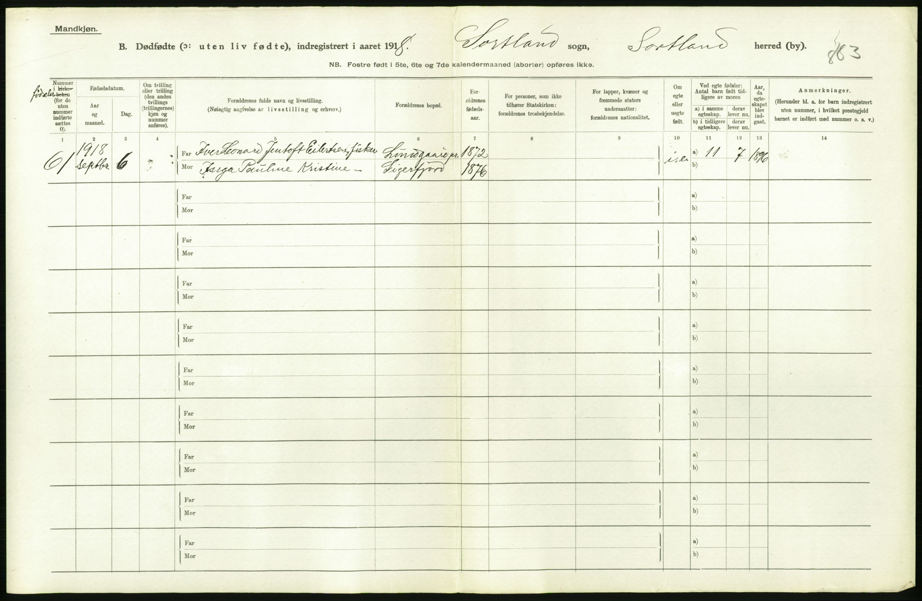 Statistisk sentralbyrå, Sosiodemografiske emner, Befolkning, RA/S-2228/D/Df/Dfb/Dfbh/L0054: Nordland fylke: Gifte, dødfødte. Bygder og byer., 1918, p. 434