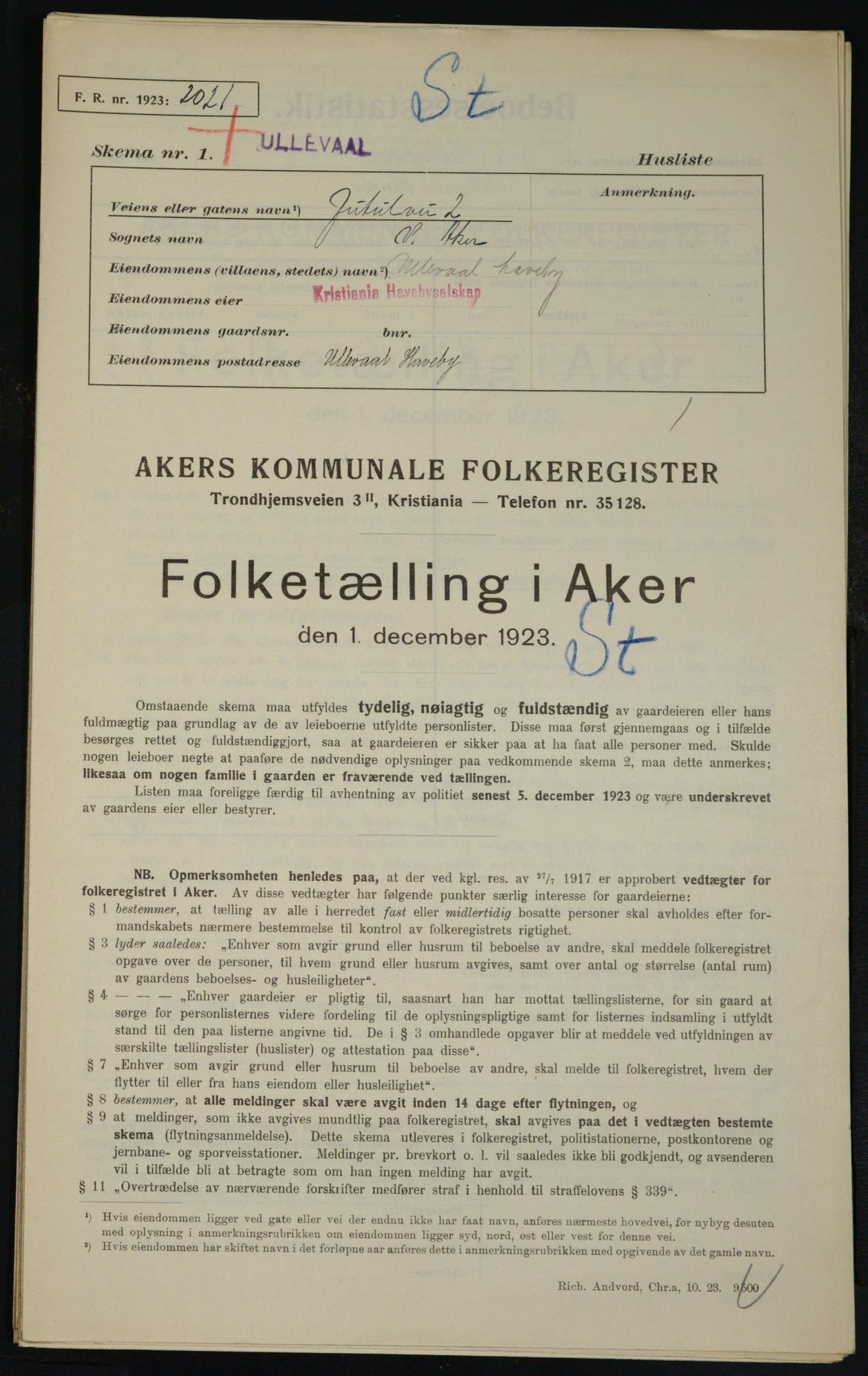 , Municipal Census 1923 for Aker, 1923, p. 21037