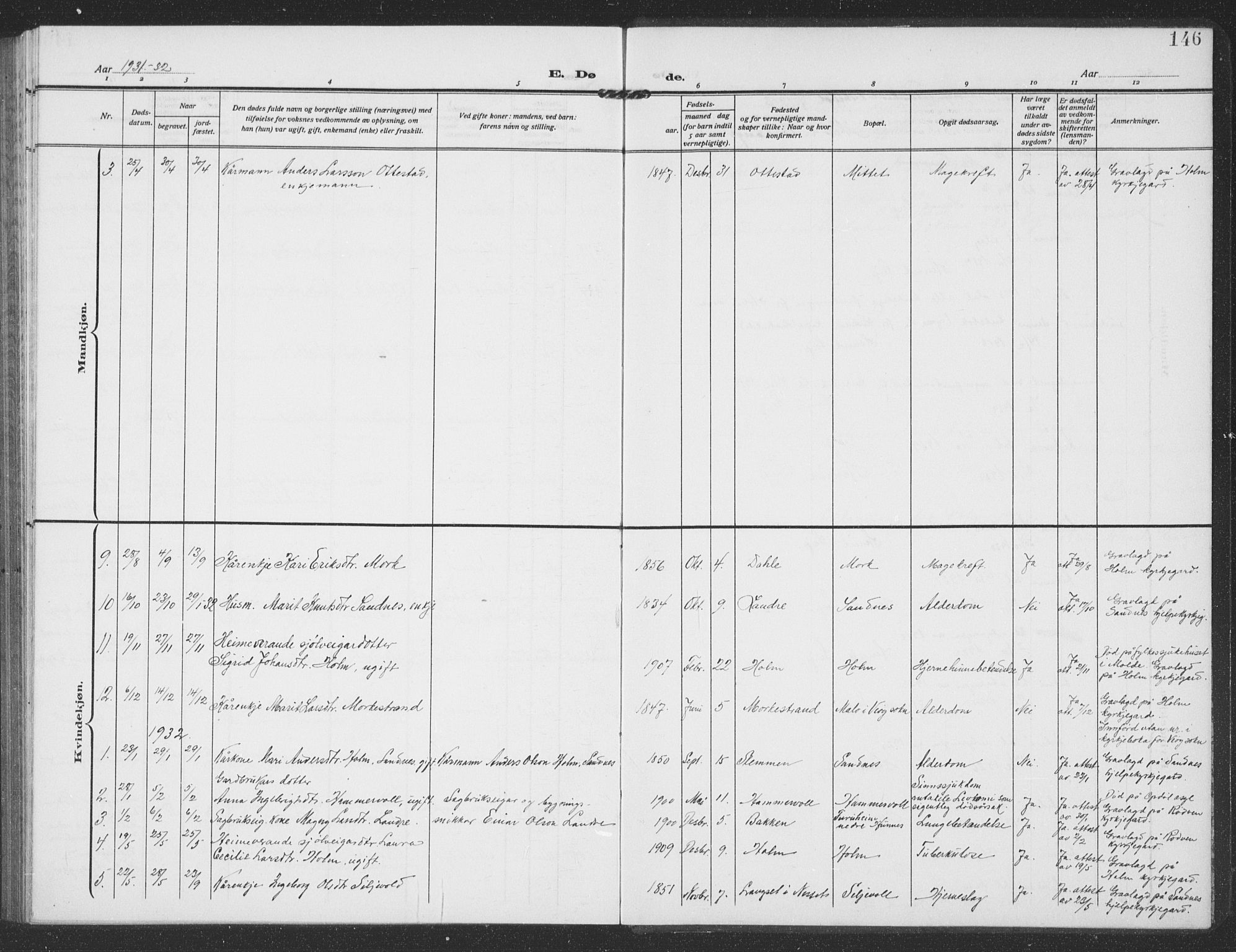 Ministerialprotokoller, klokkerbøker og fødselsregistre - Møre og Romsdal, AV/SAT-A-1454/549/L0615: Parish register (copy) no. 549C01, 1905-1932, p. 146