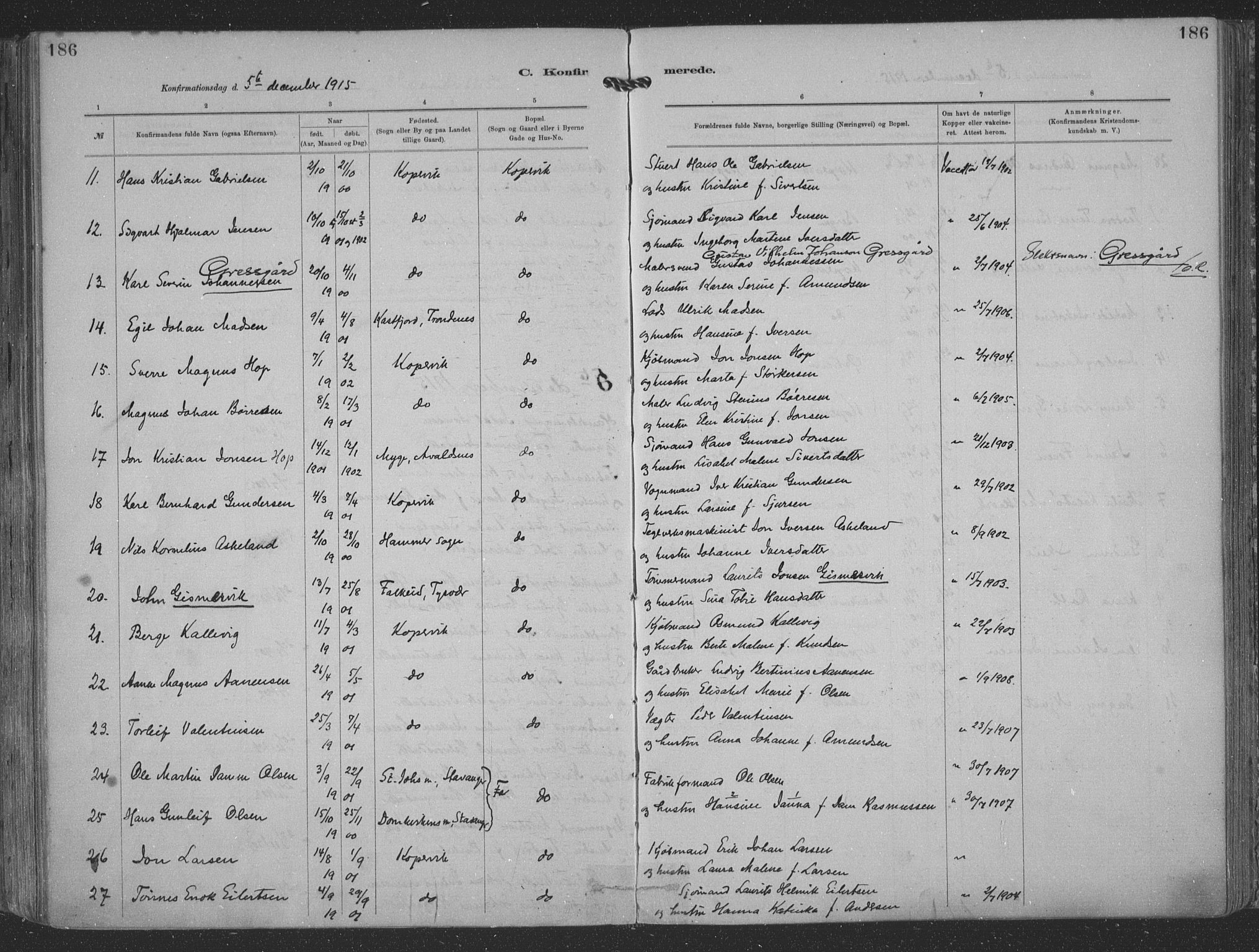 Kopervik sokneprestkontor, AV/SAST-A-101850/H/Ha/Haa/L0001: Parish register (official) no. A 1, 1880-1919, p. 186