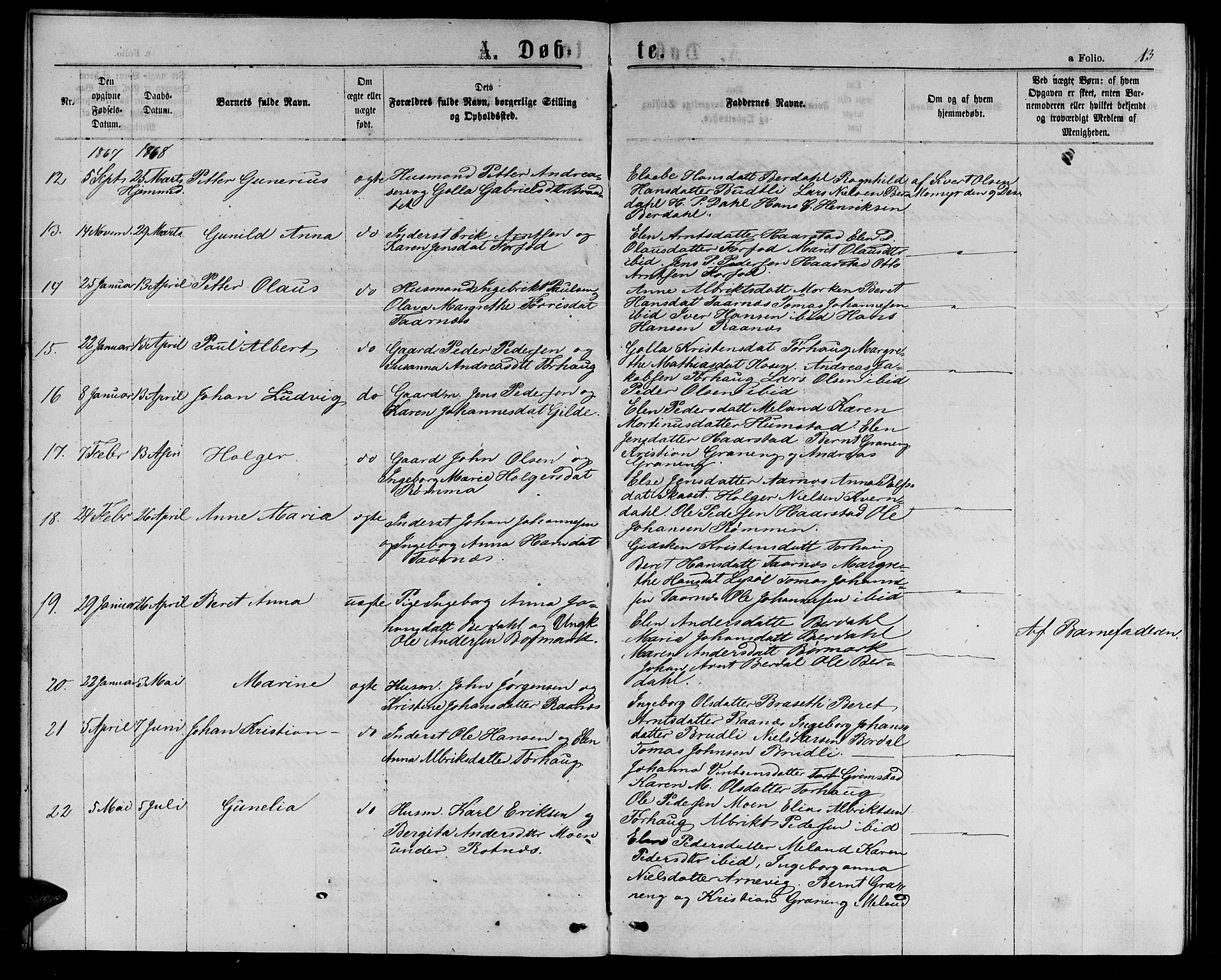 Ministerialprotokoller, klokkerbøker og fødselsregistre - Sør-Trøndelag, SAT/A-1456/655/L0686: Parish register (copy) no. 655C02, 1866-1879, p. 13