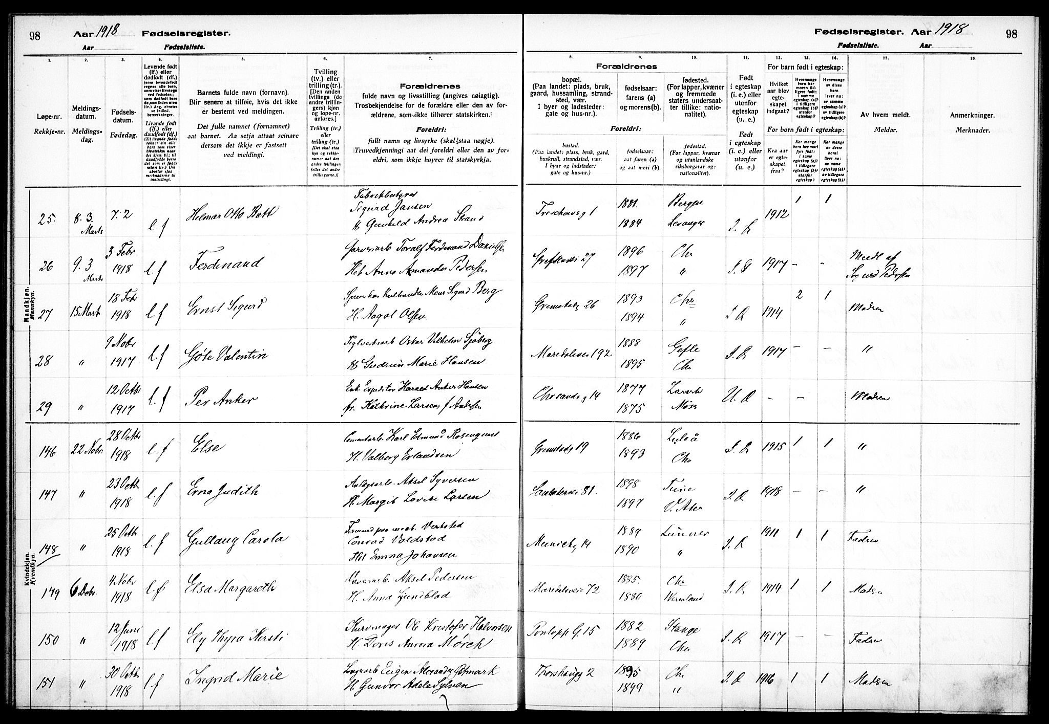 Sagene prestekontor Kirkebøker, AV/SAO-A-10796/J/L0001: Birth register no. 1, 1916-1920, p. 98