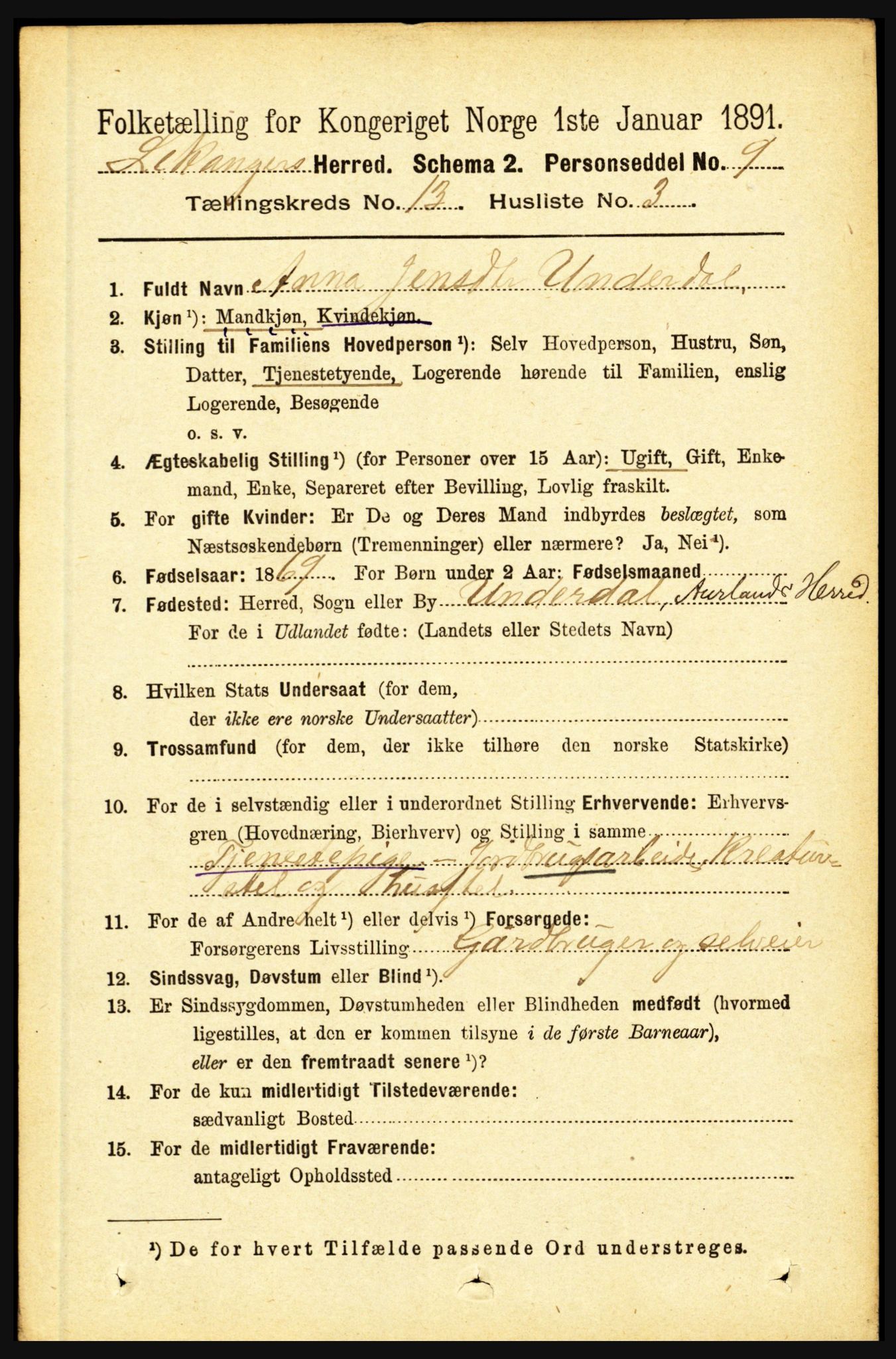 RA, 1891 census for 1419 Leikanger, 1891, p. 2477