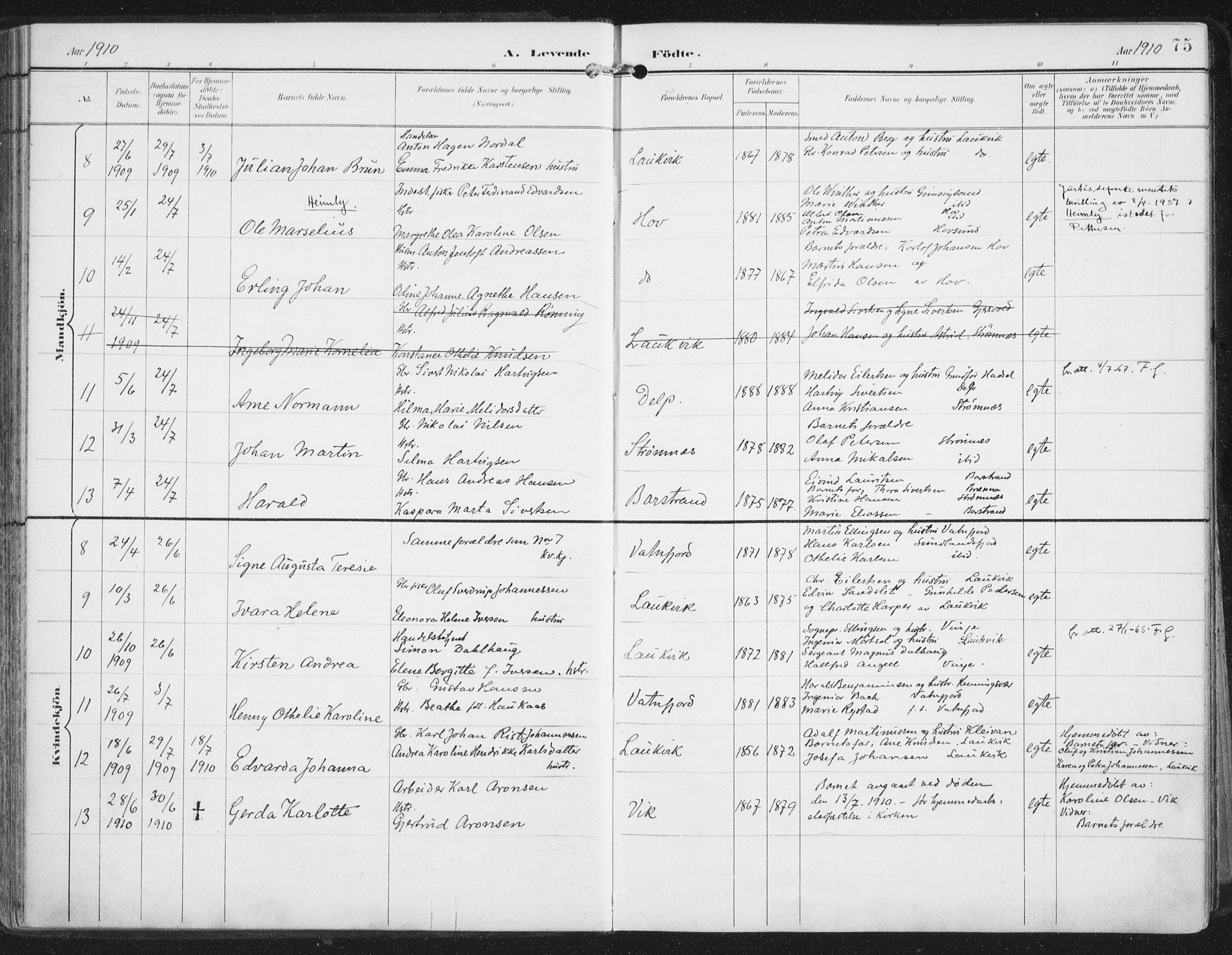 Ministerialprotokoller, klokkerbøker og fødselsregistre - Nordland, AV/SAT-A-1459/876/L1098: Parish register (official) no. 876A04, 1896-1915, p. 75