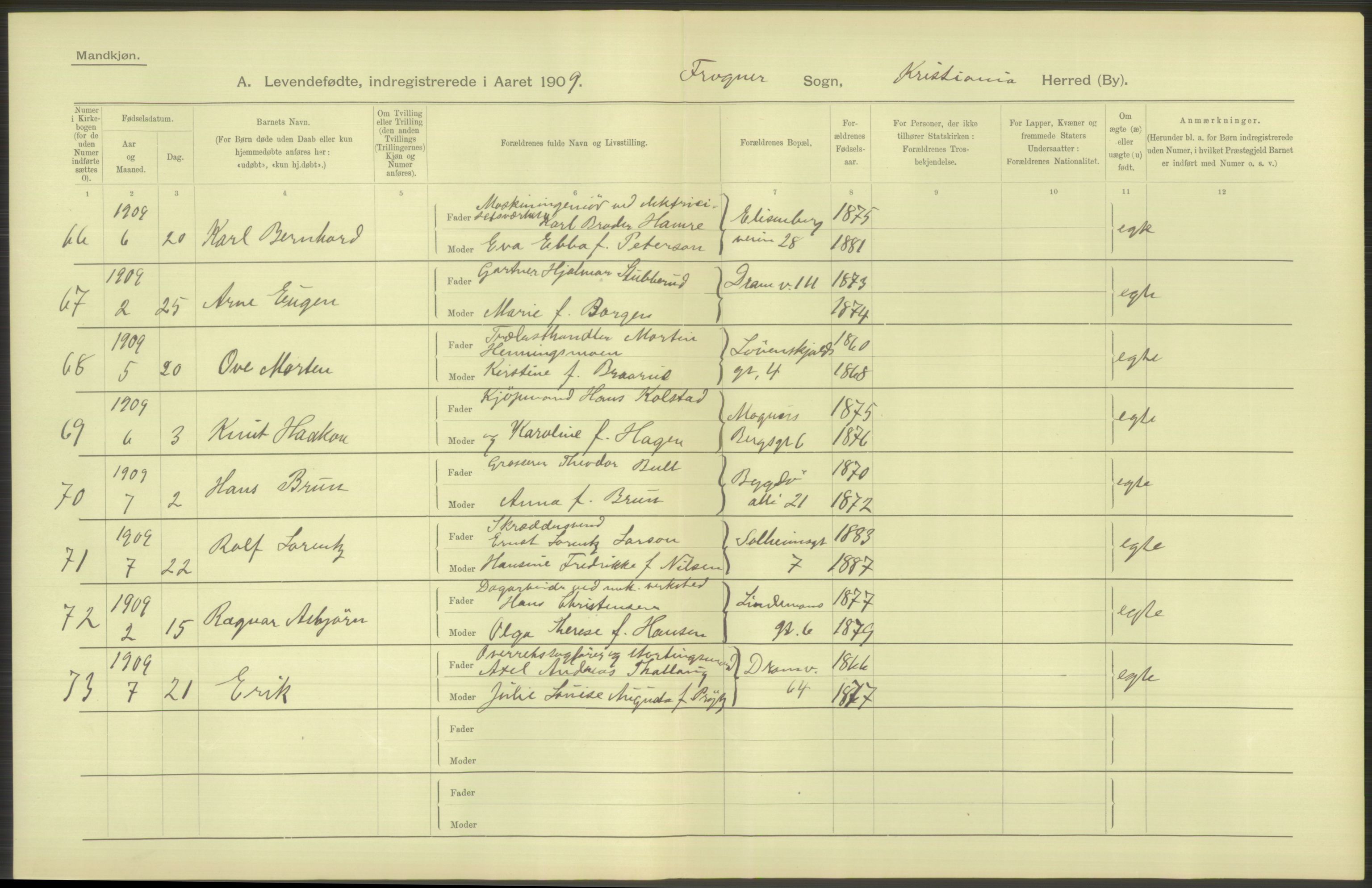 Statistisk sentralbyrå, Sosiodemografiske emner, Befolkning, AV/RA-S-2228/D/Df/Dfa/Dfag/L0007: Kristiania: Levendefødte menn og kvinner., 1909, p. 336