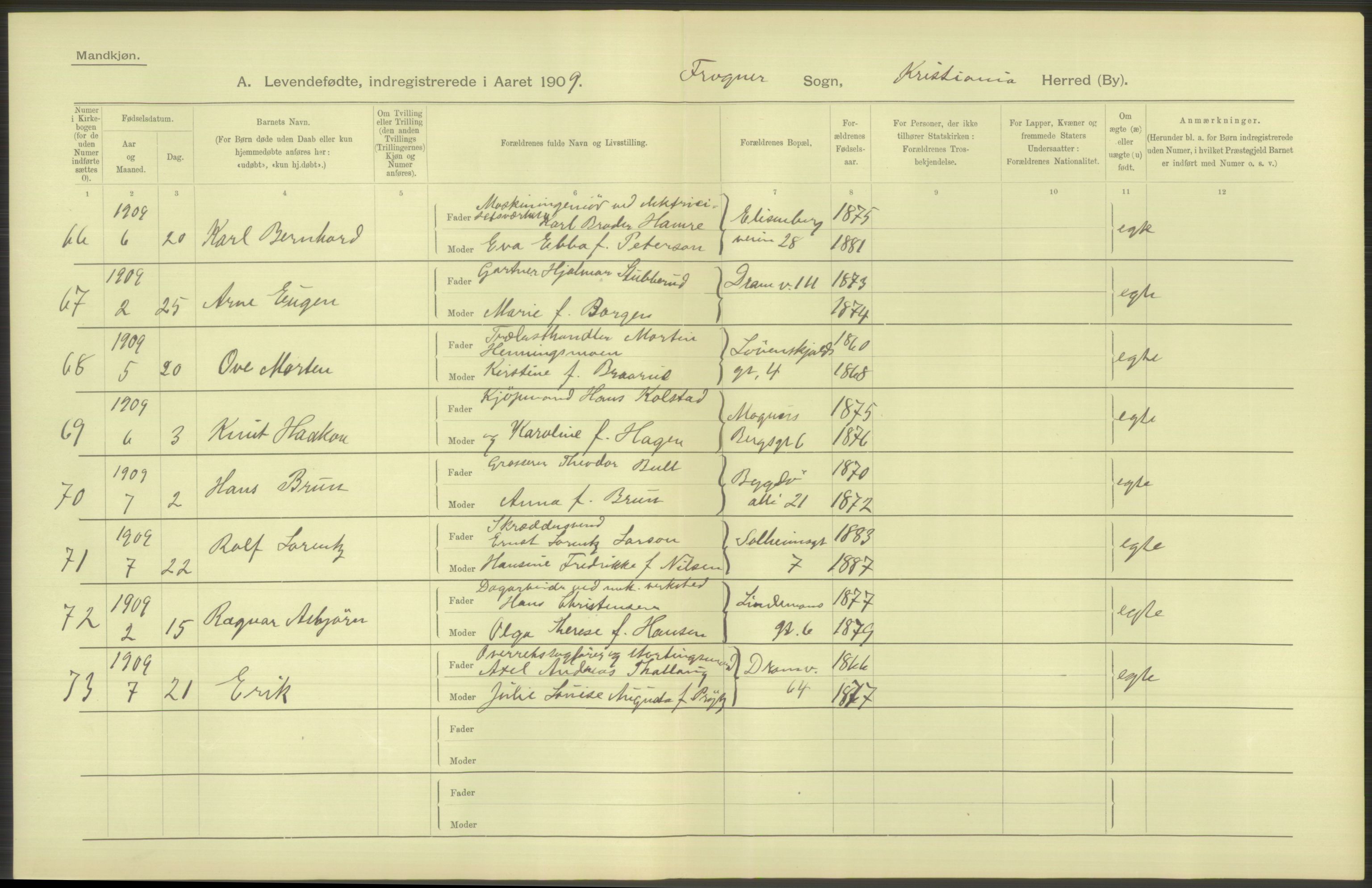 Statistisk sentralbyrå, Sosiodemografiske emner, Befolkning, RA/S-2228/D/Df/Dfa/Dfag/L0007: Kristiania: Levendefødte menn og kvinner., 1909, p. 336