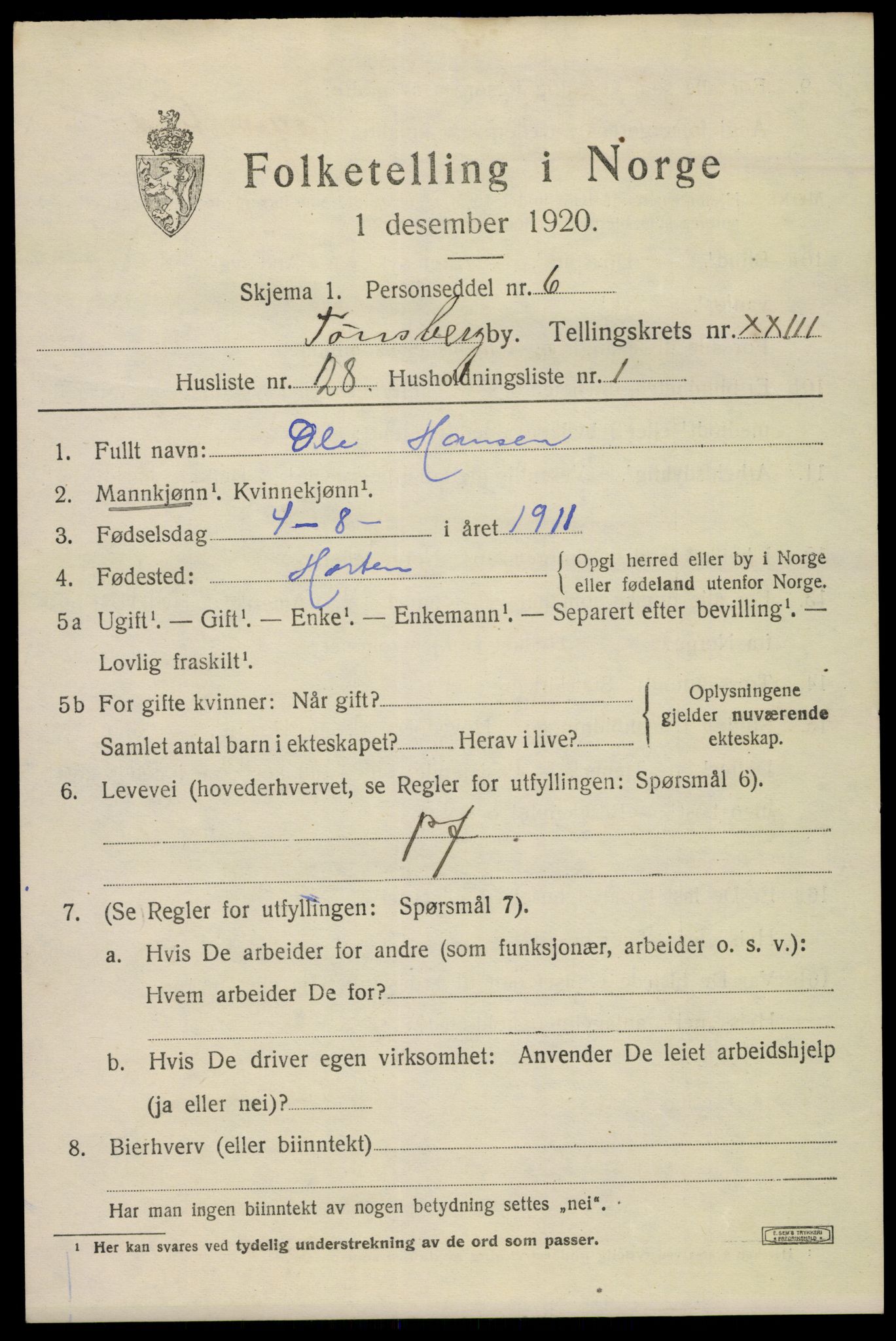 SAKO, 1920 census for Tønsberg, 1920, p. 33175