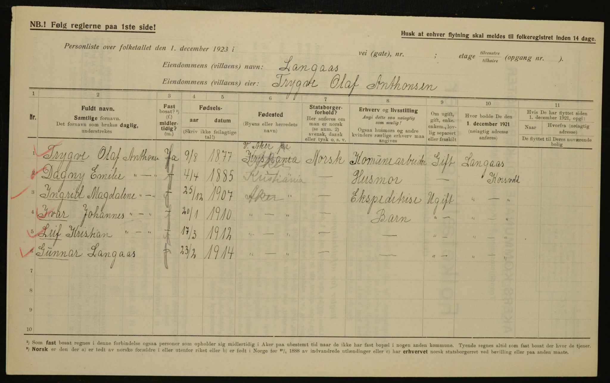 , Municipal Census 1923 for Aker, 1923, p. 13922