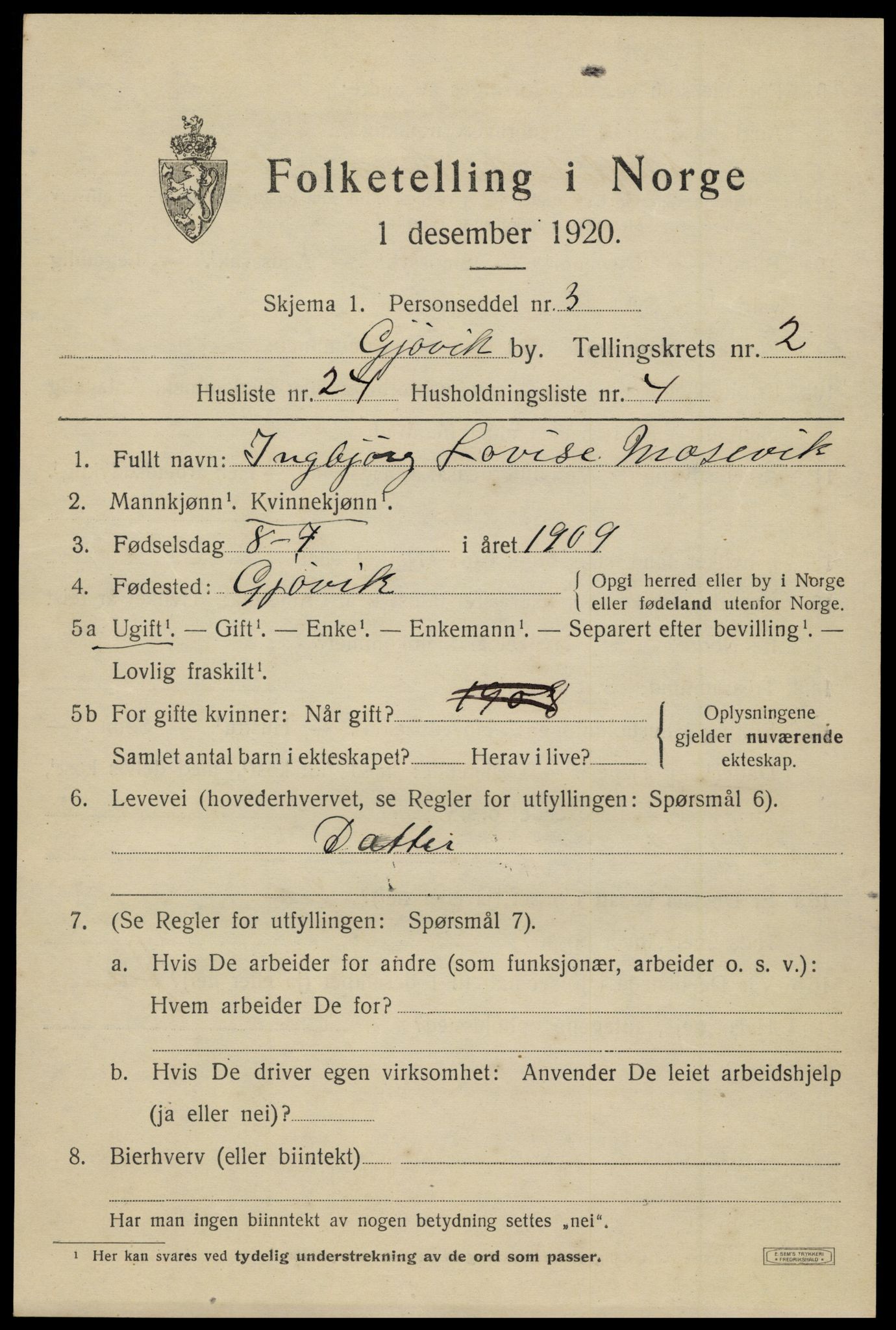 SAH, 1920 census for Gjøvik, 1920, p. 5166