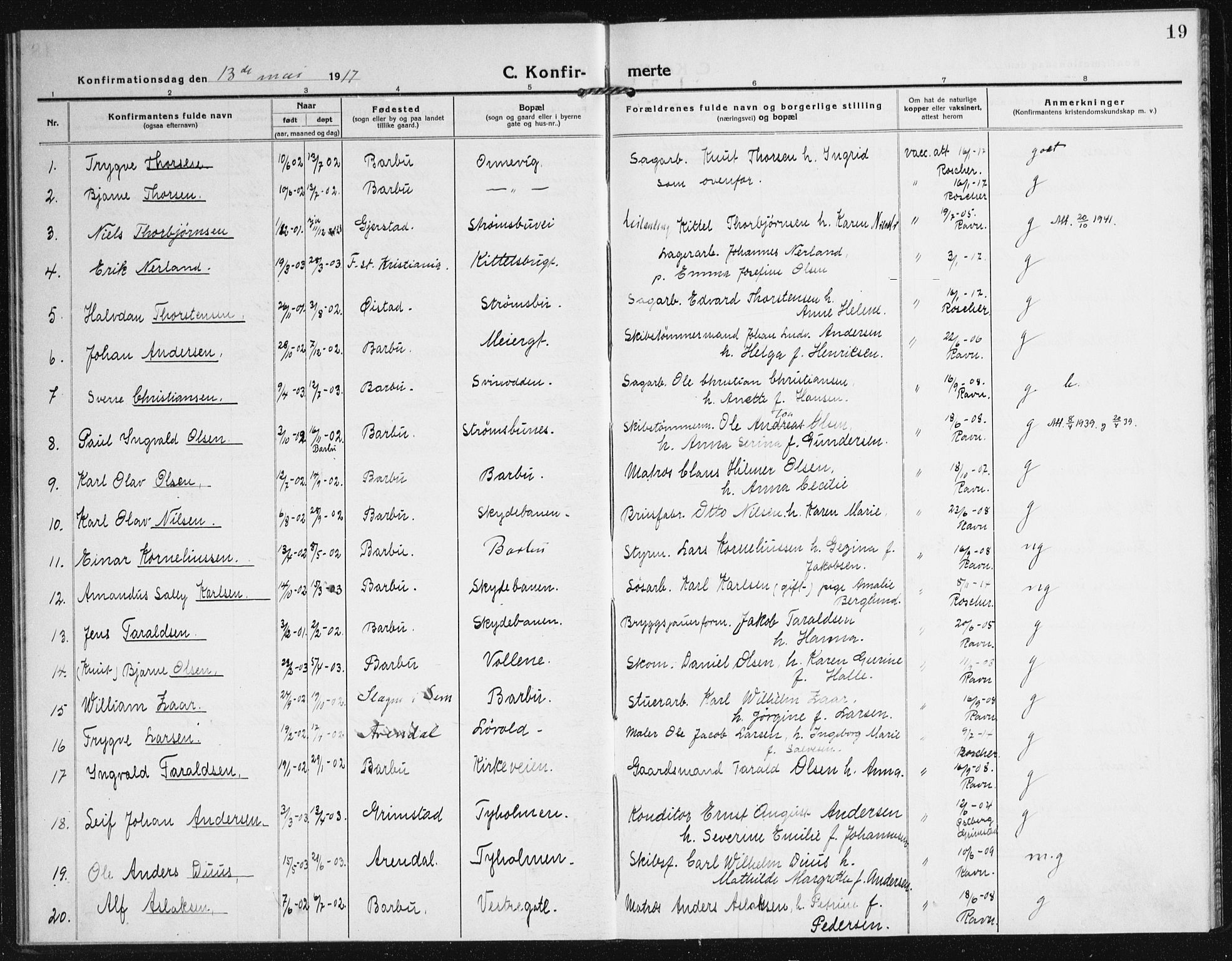 Arendal sokneprestkontor, Trefoldighet, AV/SAK-1111-0040/F/Fa/L0011: Parish register (official) no. A 11, 1915-1919, p. 19