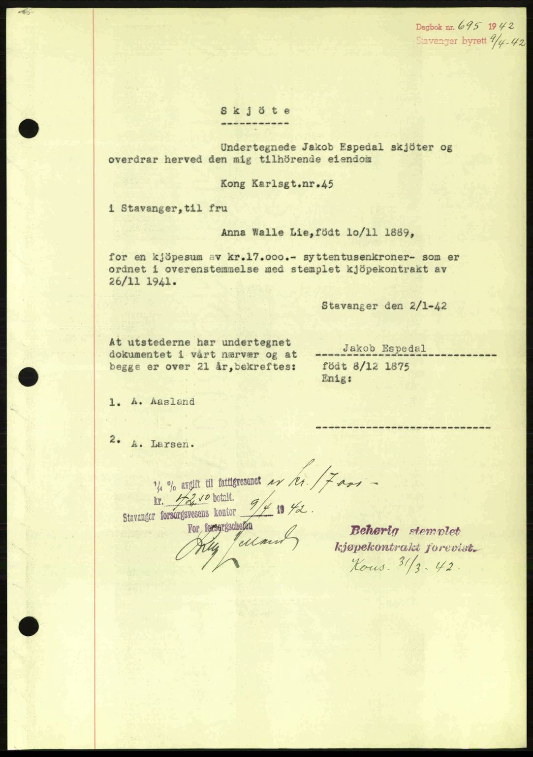 Stavanger byrett, SAST/A-100455/002/G/Gb/L0017: Mortgage book no. A7, 1941-1943, Diary no: : 695/1942