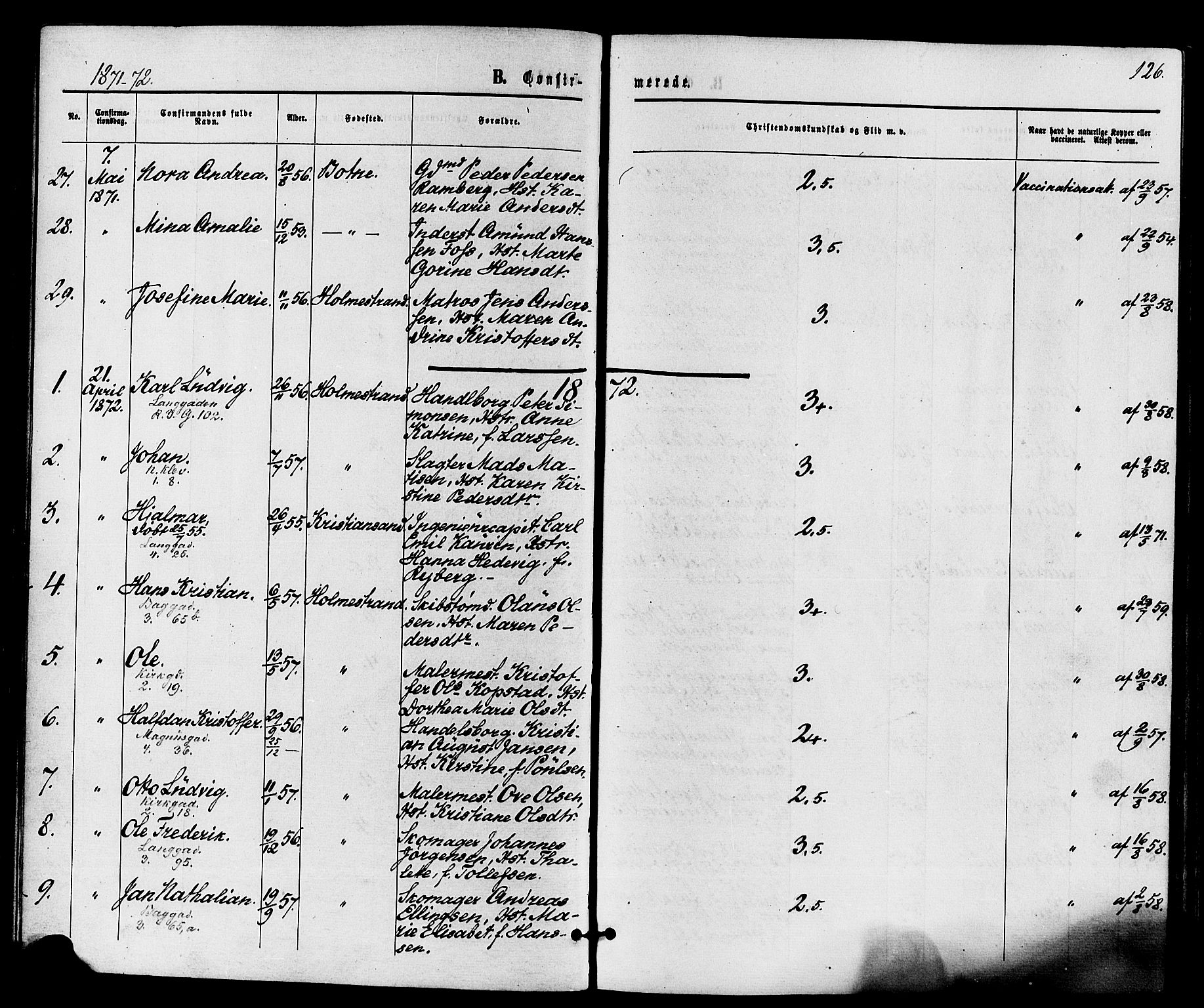 Holmestrand kirkebøker, AV/SAKO-A-346/F/Fa/L0003: Parish register (official) no. 3, 1867-1879, p. 126
