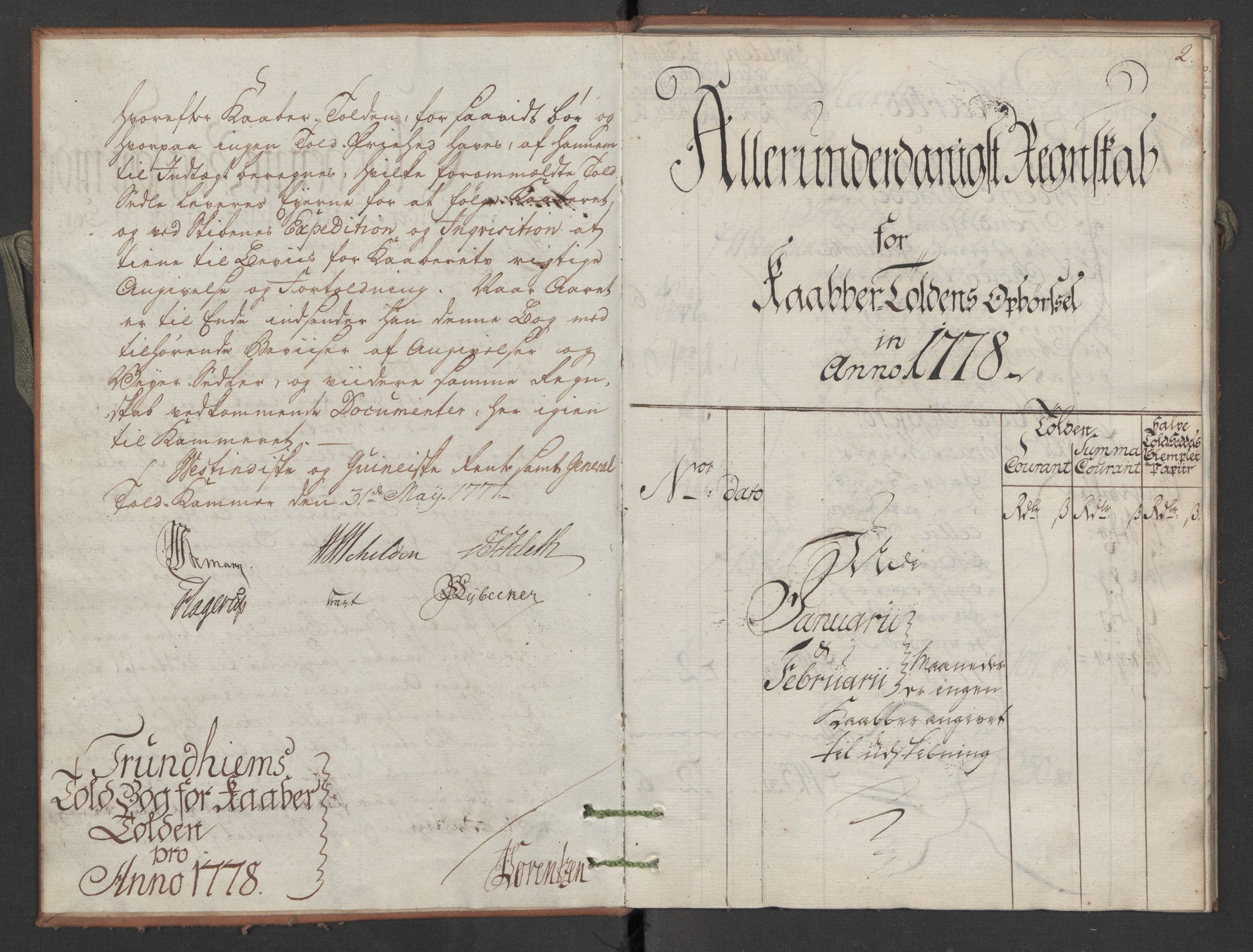 Generaltollkammeret, tollregnskaper, AV/RA-EA-5490/R34/L0028/0001: Koppertollregnskaper Trondheim B / Tollbok for koppertollen, 1778