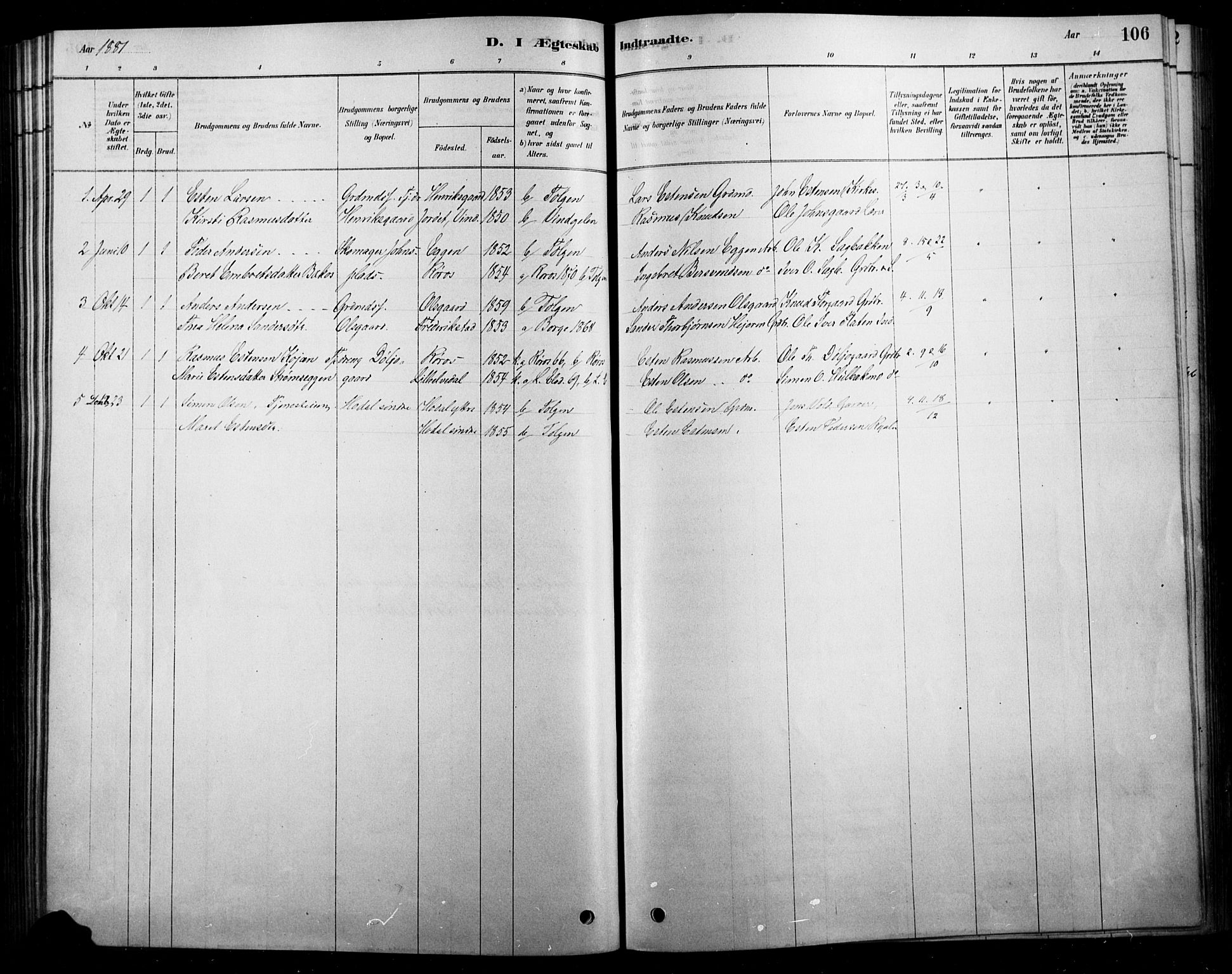 Tolga prestekontor, SAH/PREST-062/L/L0007: Parish register (copy) no. 7, 1878-1919, p. 106