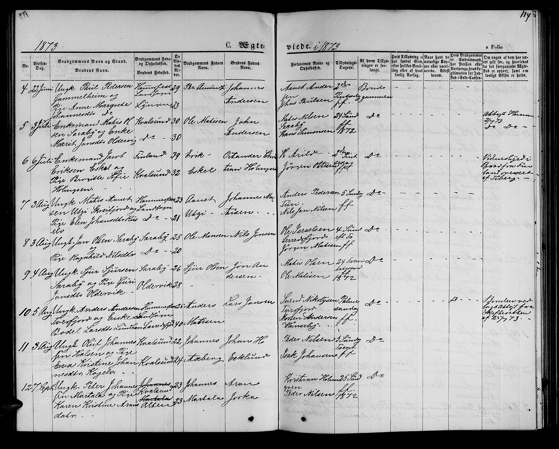 Hammerfest sokneprestkontor, AV/SATØ-S-1347/H/Hb/L0005.klokk: Parish register (copy) no. 5, 1869-1884, p. 114