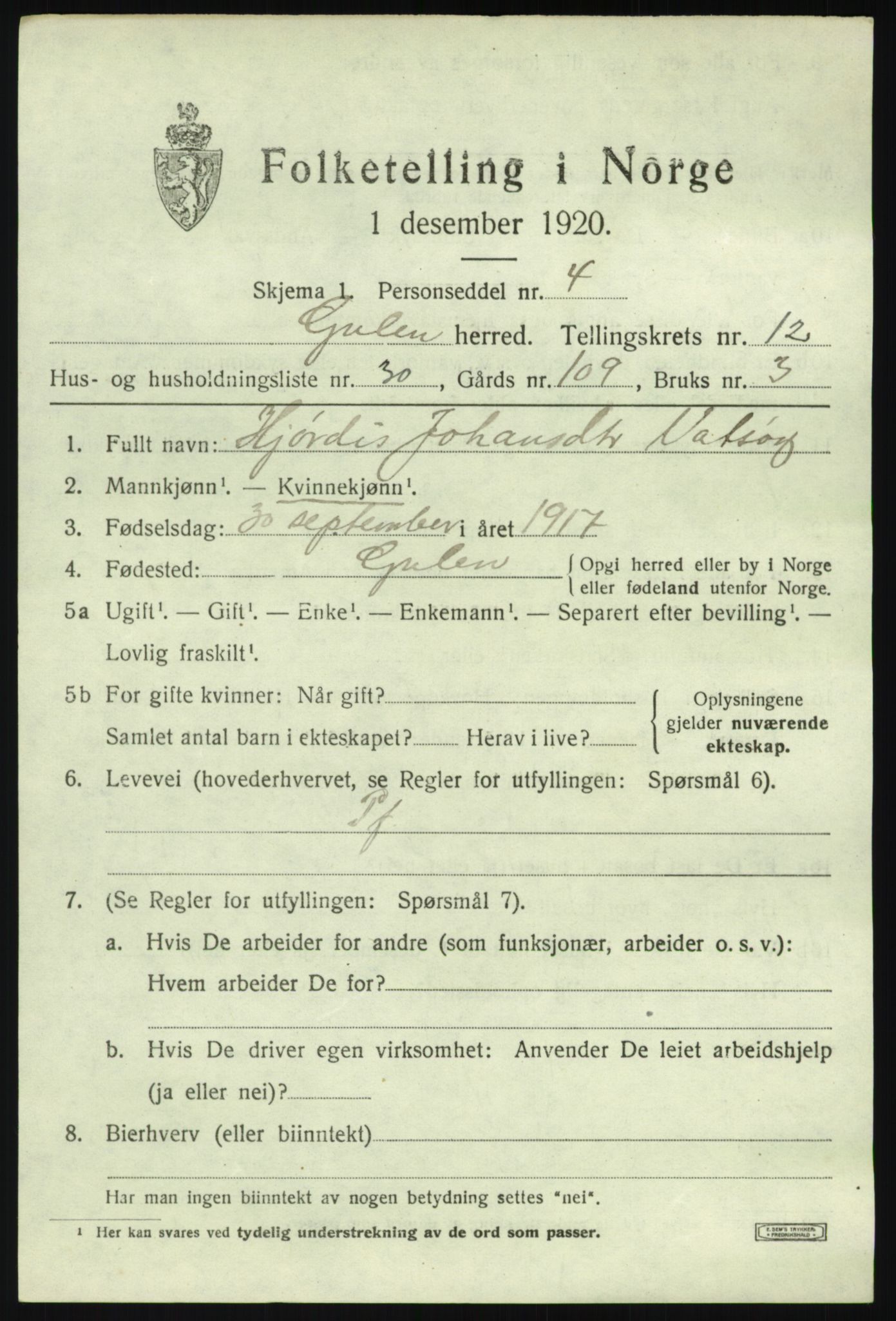 SAB, 1920 census for Gulen, 1920, p. 5789