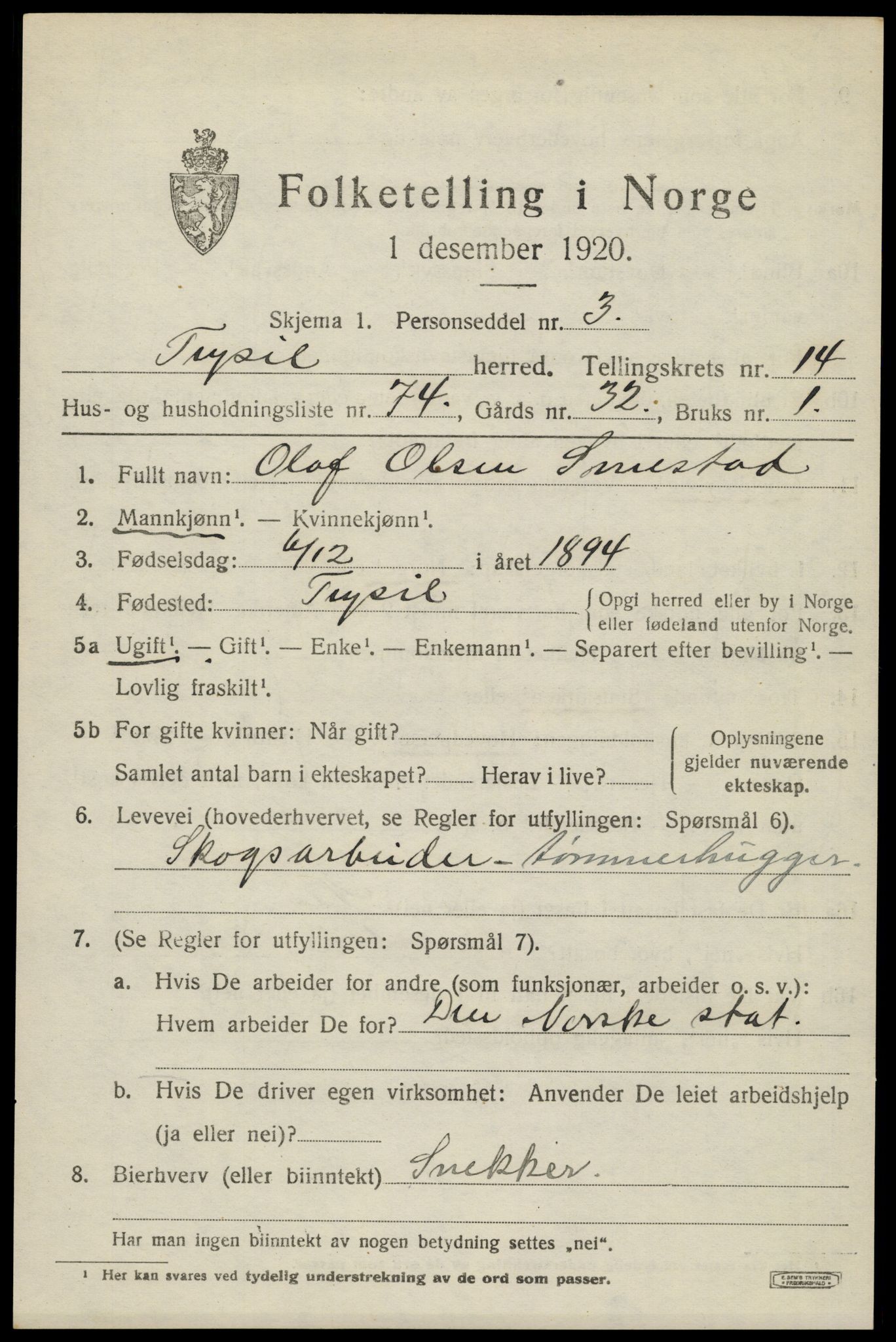 SAH, 1920 census for Trysil, 1920, p. 8769