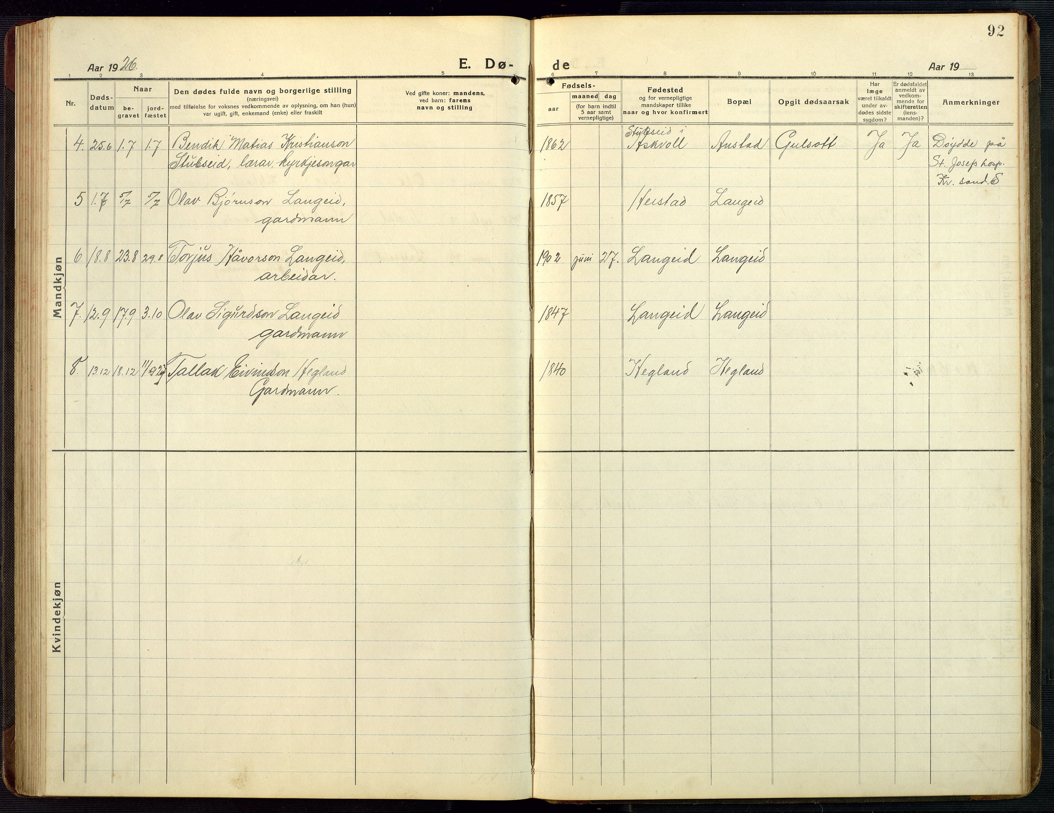 Bygland sokneprestkontor, AV/SAK-1111-0006/F/Fb/Fba/L0003: Parish register (copy) no. B 3, 1920-1974, p. 92