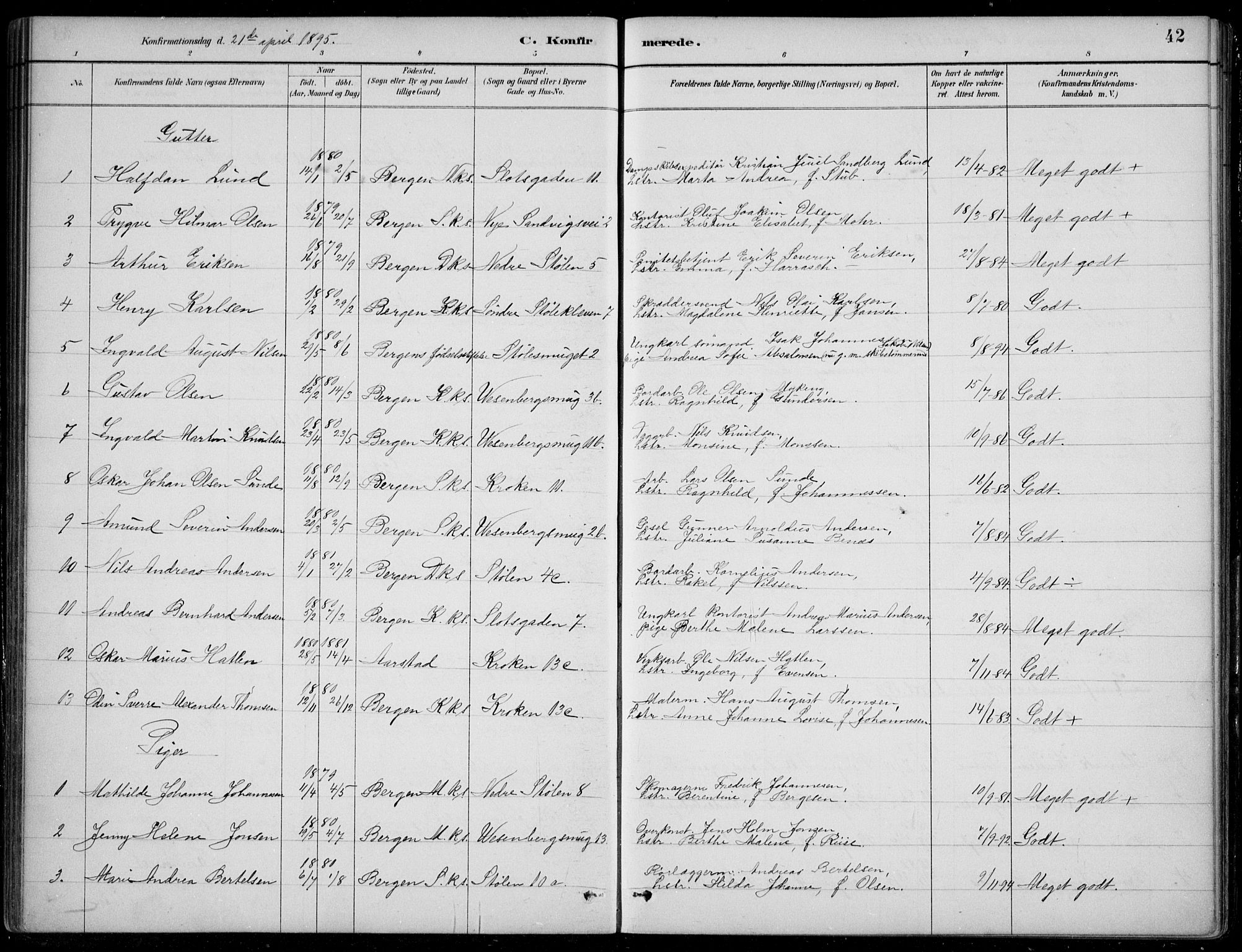 Mariakirken Sokneprestembete, AV/SAB-A-76901/H/Hab/L0008: Parish register (copy) no. A 8, 1889-1908, p. 42