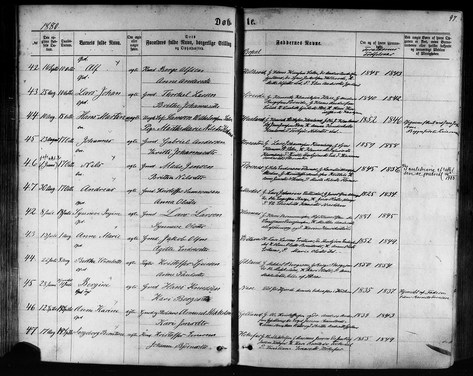 Tysnes sokneprestembete, AV/SAB-A-78601/H/Haa: Parish register (official) no. A 12, 1872-1886, p. 97