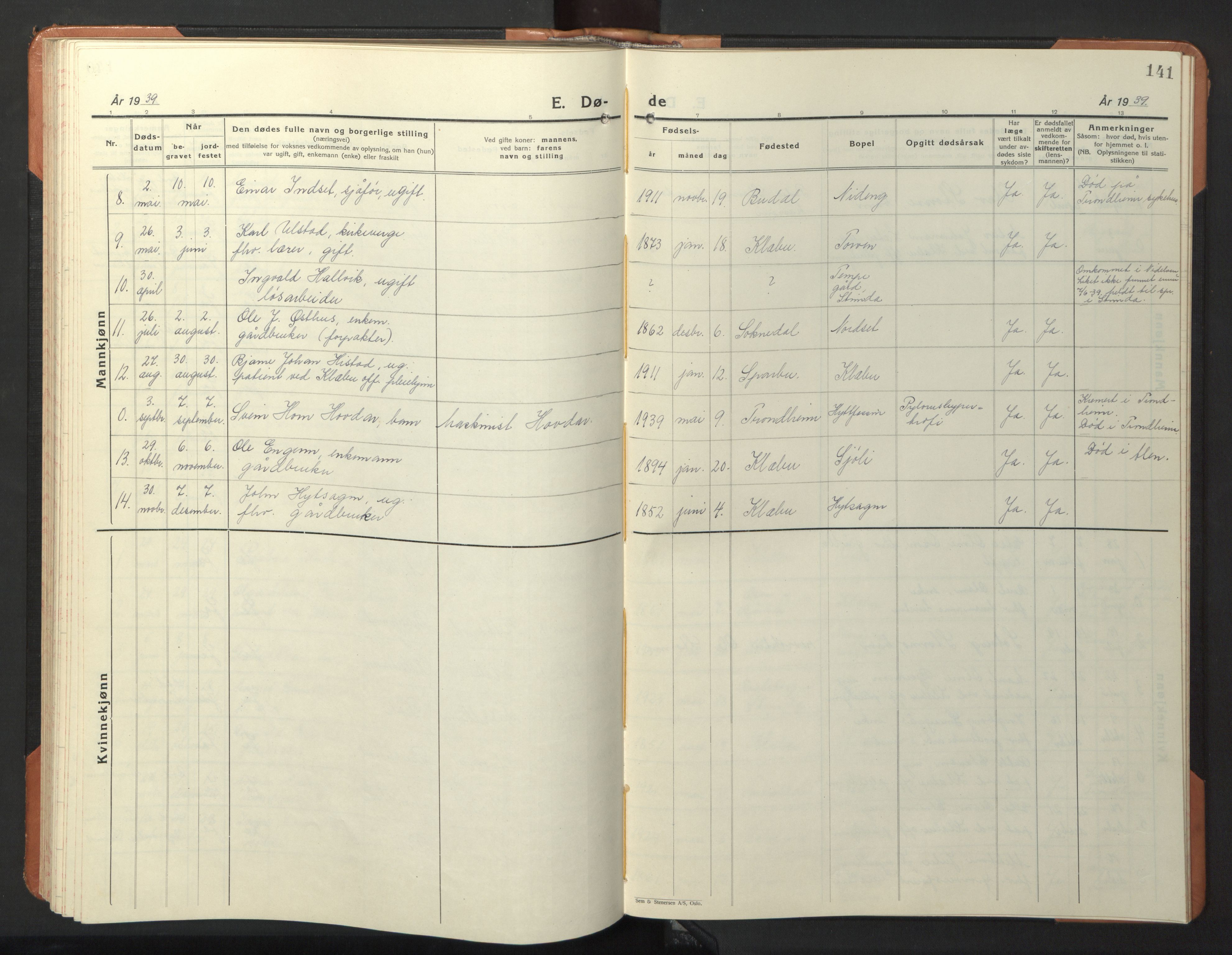 Ministerialprotokoller, klokkerbøker og fødselsregistre - Sør-Trøndelag, SAT/A-1456/618/L0454: Parish register (copy) no. 618C05, 1926-1946, p. 141