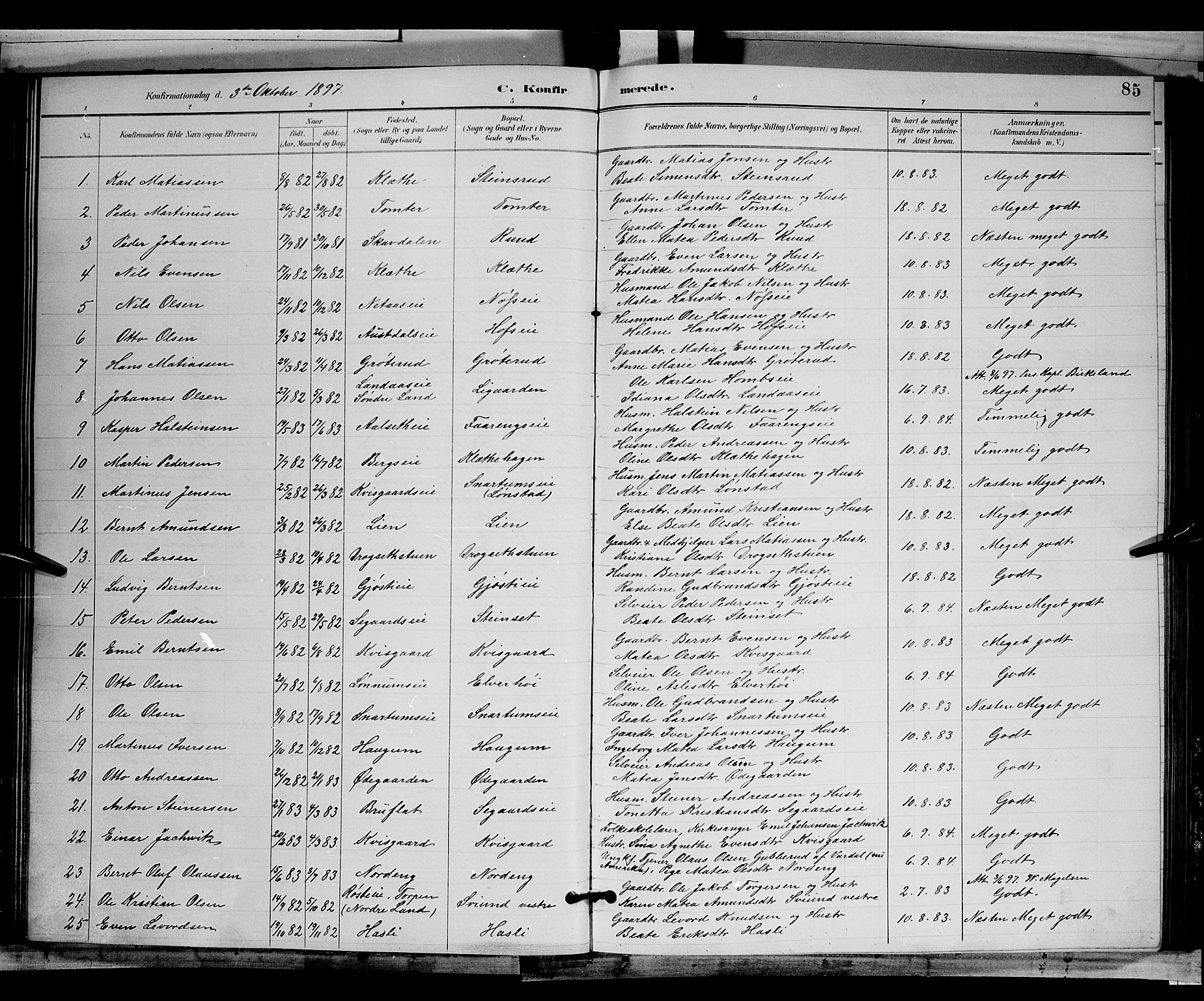 Biri prestekontor, SAH/PREST-096/H/Ha/Hab/L0003: Parish register (copy) no. 3, 1892-1905, p. 85