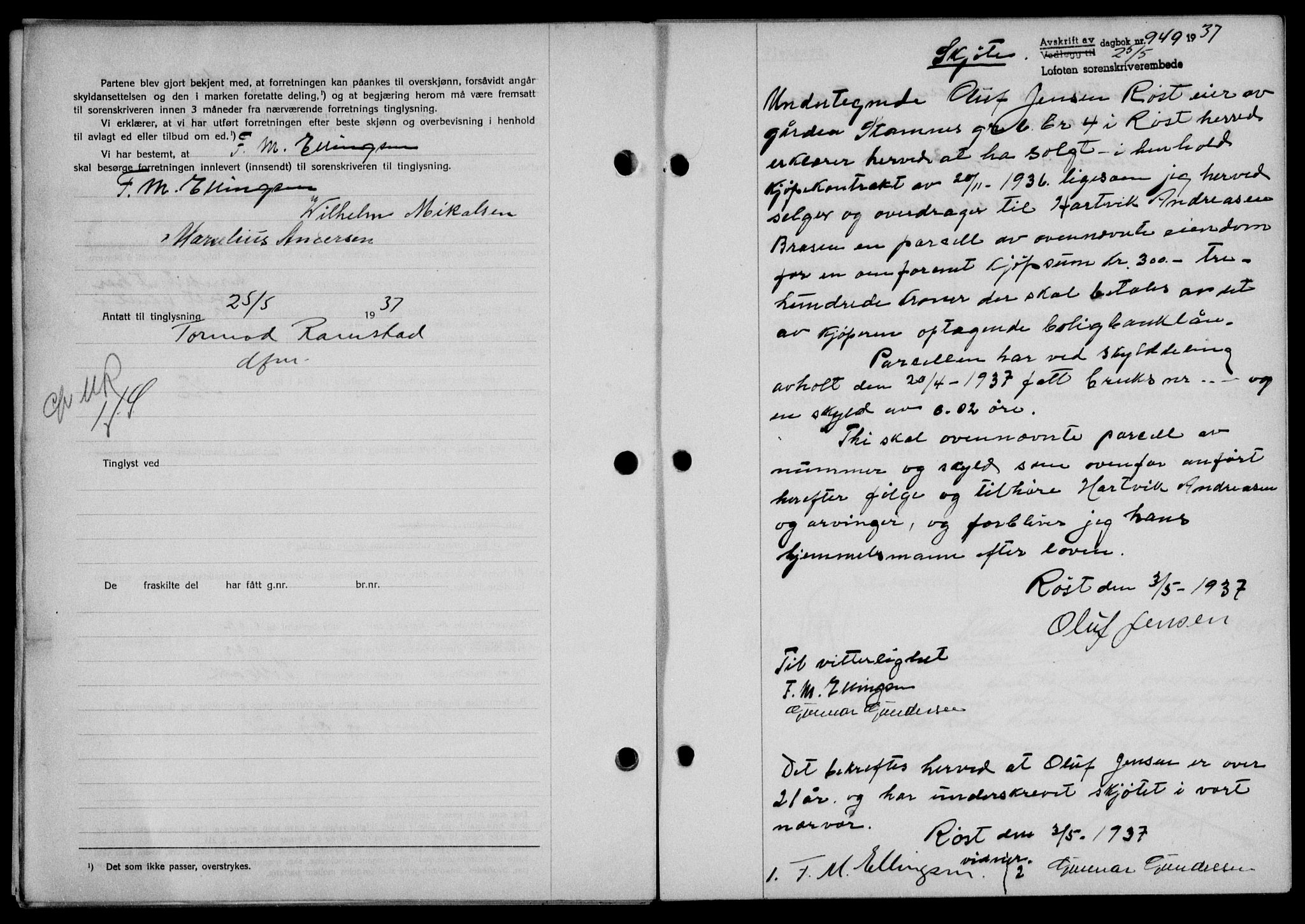 Lofoten sorenskriveri, SAT/A-0017/1/2/2C/L0002a: Mortgage book no. 2a, 1937-1937, Diary no: : 949/1937