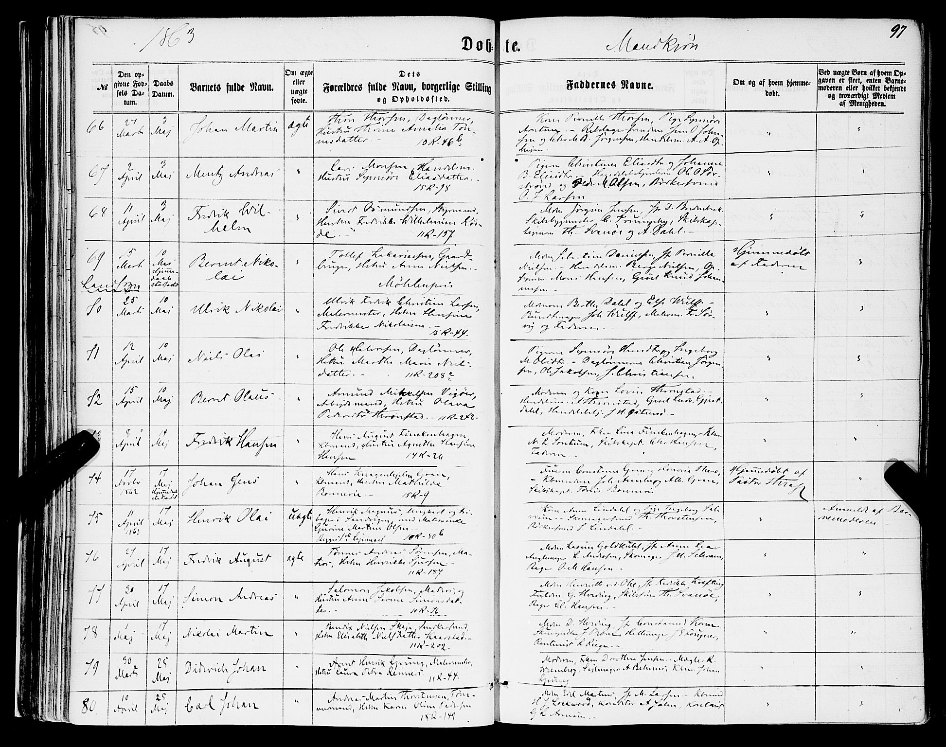 Domkirken sokneprestembete, AV/SAB-A-74801/H/Haa/L0021: Parish register (official) no. B 4, 1859-1871, p. 97