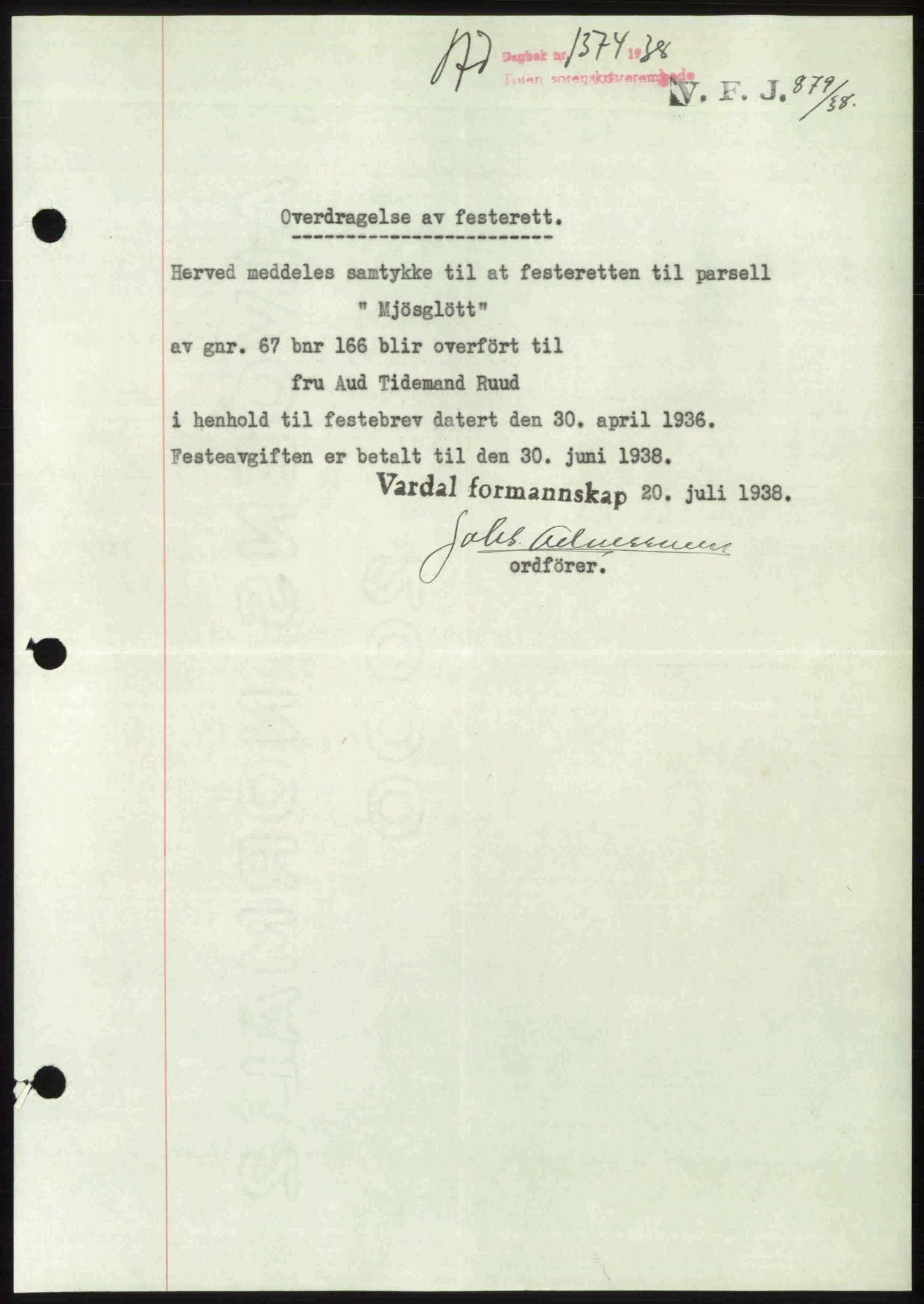 Toten tingrett, SAH/TING-006/H/Hb/Hbc/L0004: Mortgage book no. Hbc-04, 1938-1938, Diary no: : 1374/1938