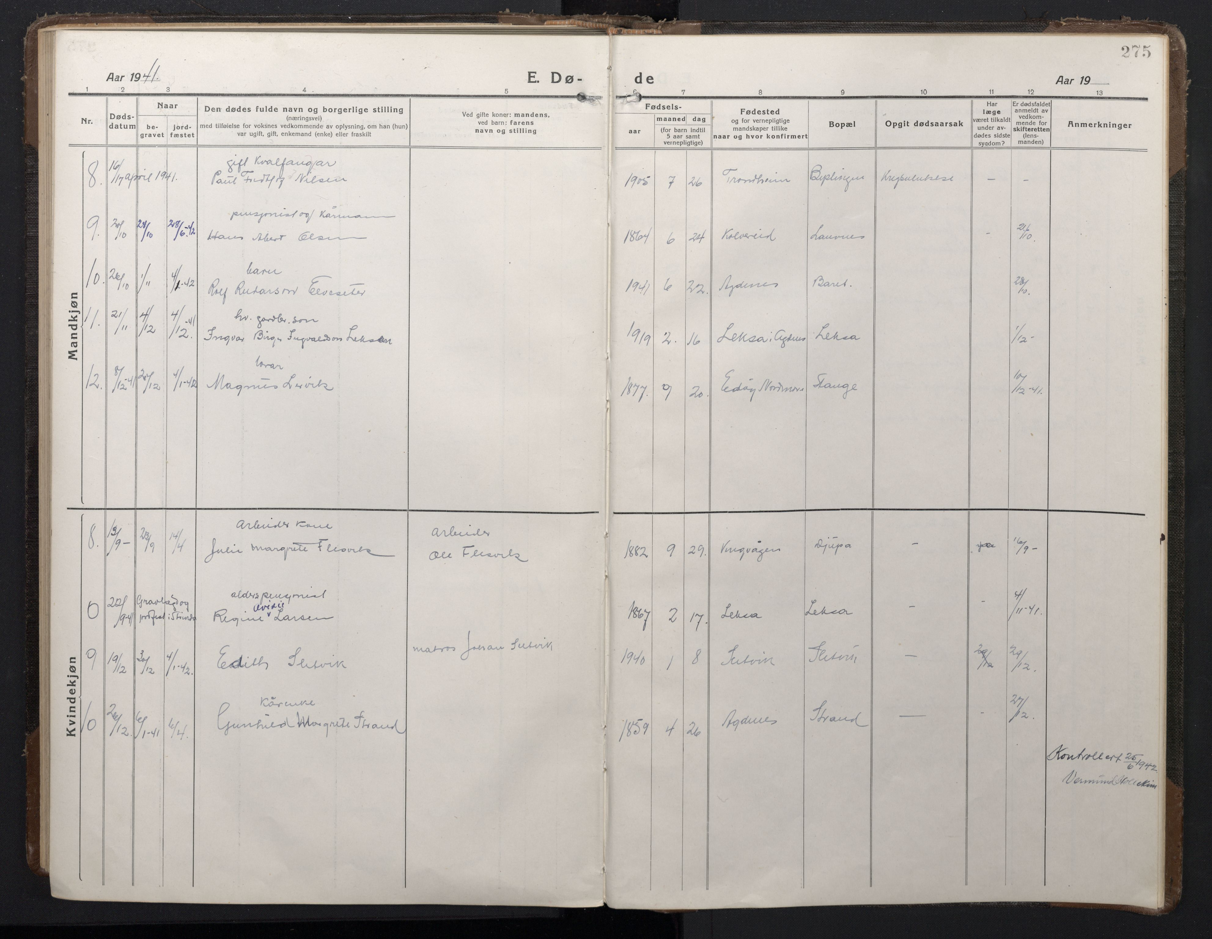Ministerialprotokoller, klokkerbøker og fødselsregistre - Sør-Trøndelag, SAT/A-1456/662/L0758: Parish register (copy) no. 662C03, 1918-1948, p. 275