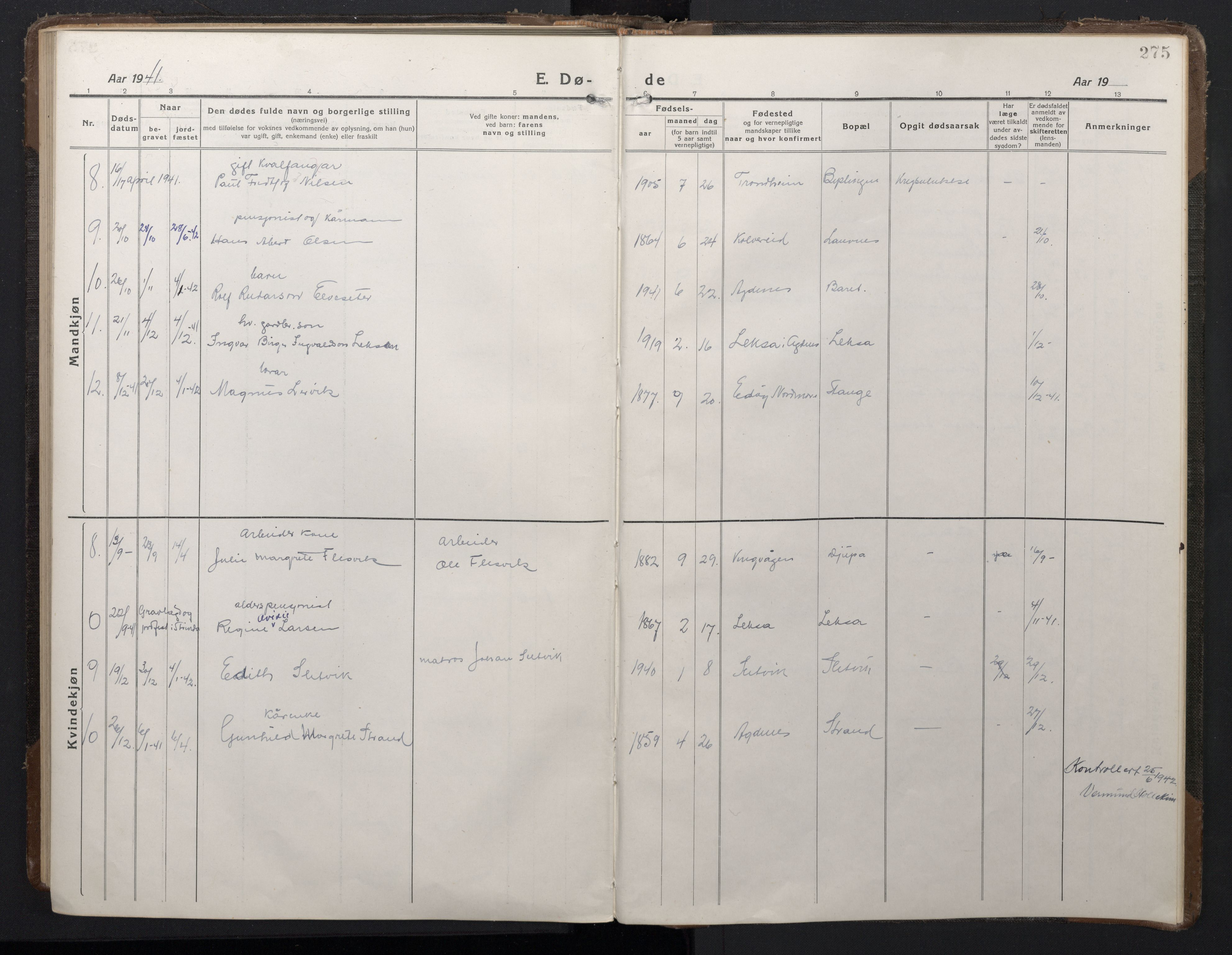 Ministerialprotokoller, klokkerbøker og fødselsregistre - Sør-Trøndelag, AV/SAT-A-1456/662/L0758: Parish register (copy) no. 662C03, 1918-1948, p. 275