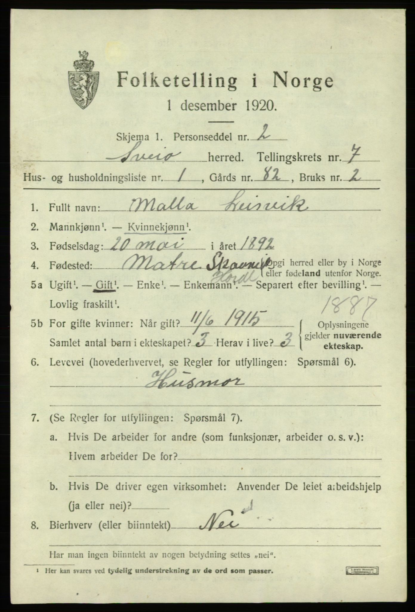 SAB, 1920 census for Sveio, 1920, p. 3552