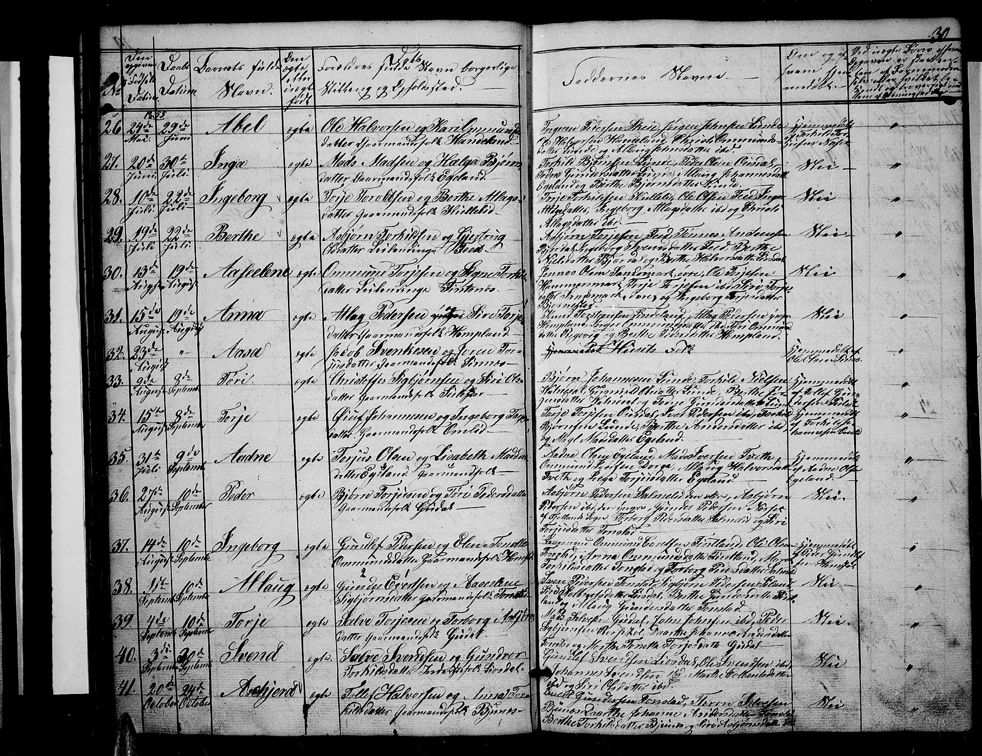 Sirdal sokneprestkontor, AV/SAK-1111-0036/F/Fb/Fbb/L0002: Parish register (copy) no. B 2, 1848-1878, p. 30