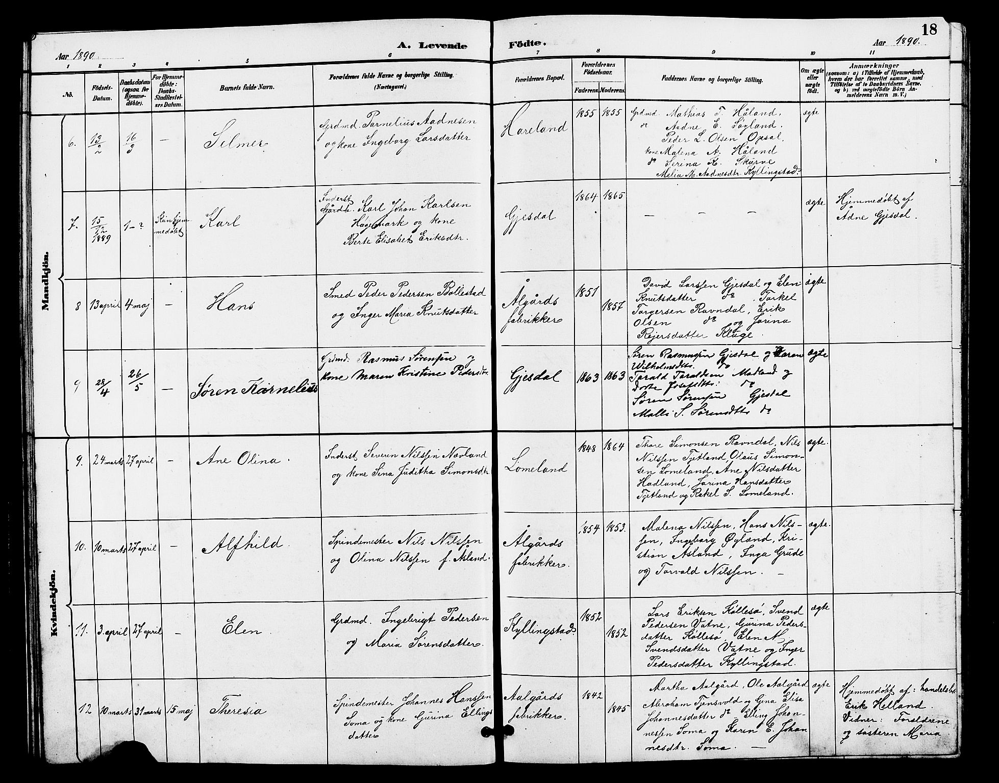 Lye sokneprestkontor, AV/SAST-A-101794/001/30BB/L0008: Parish register (copy) no. B 7, 1887-1901, p. 18