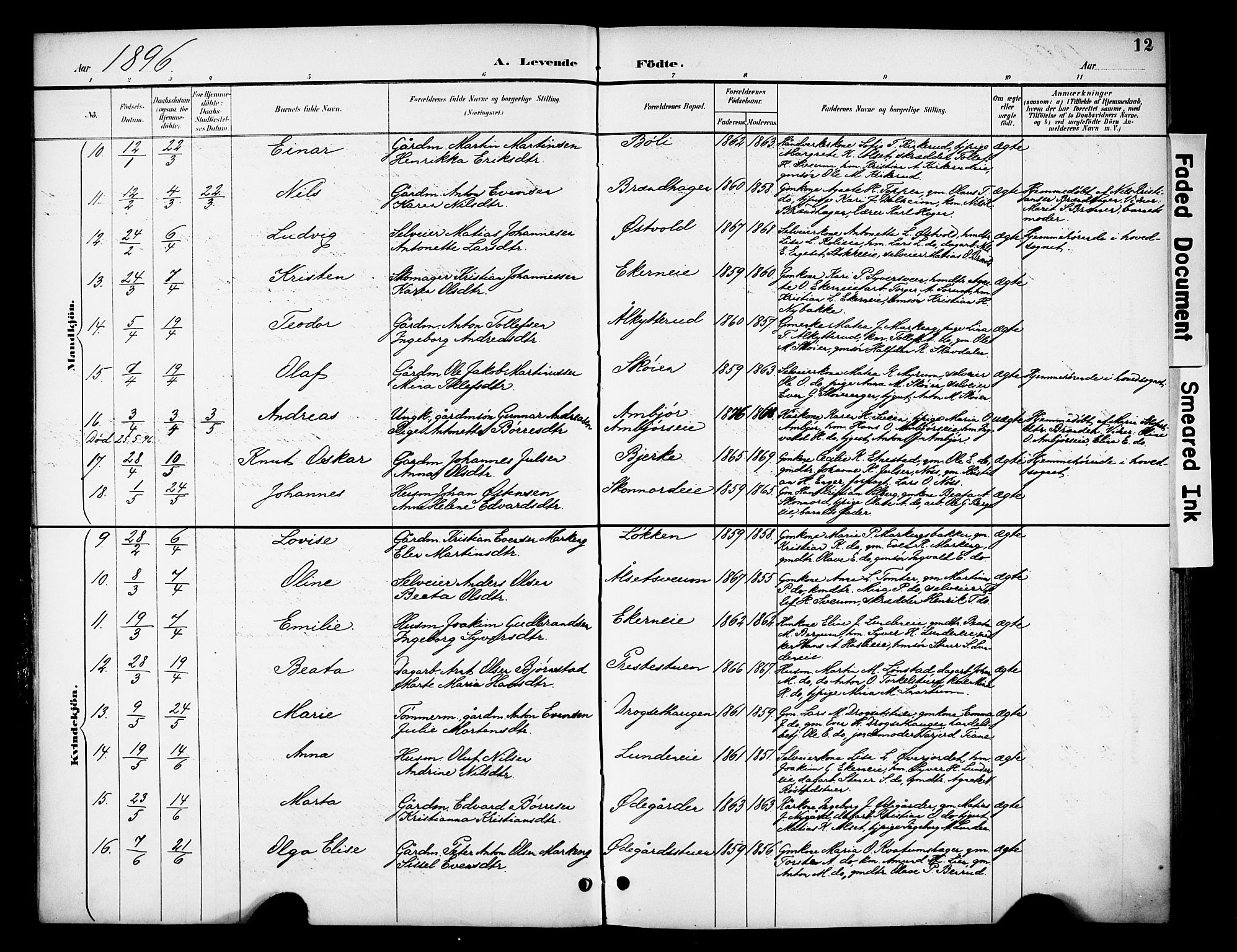 Biri prestekontor, SAH/PREST-096/H/Ha/Haa/L0008: Parish register (official) no. 8, 1894-1901, p. 12