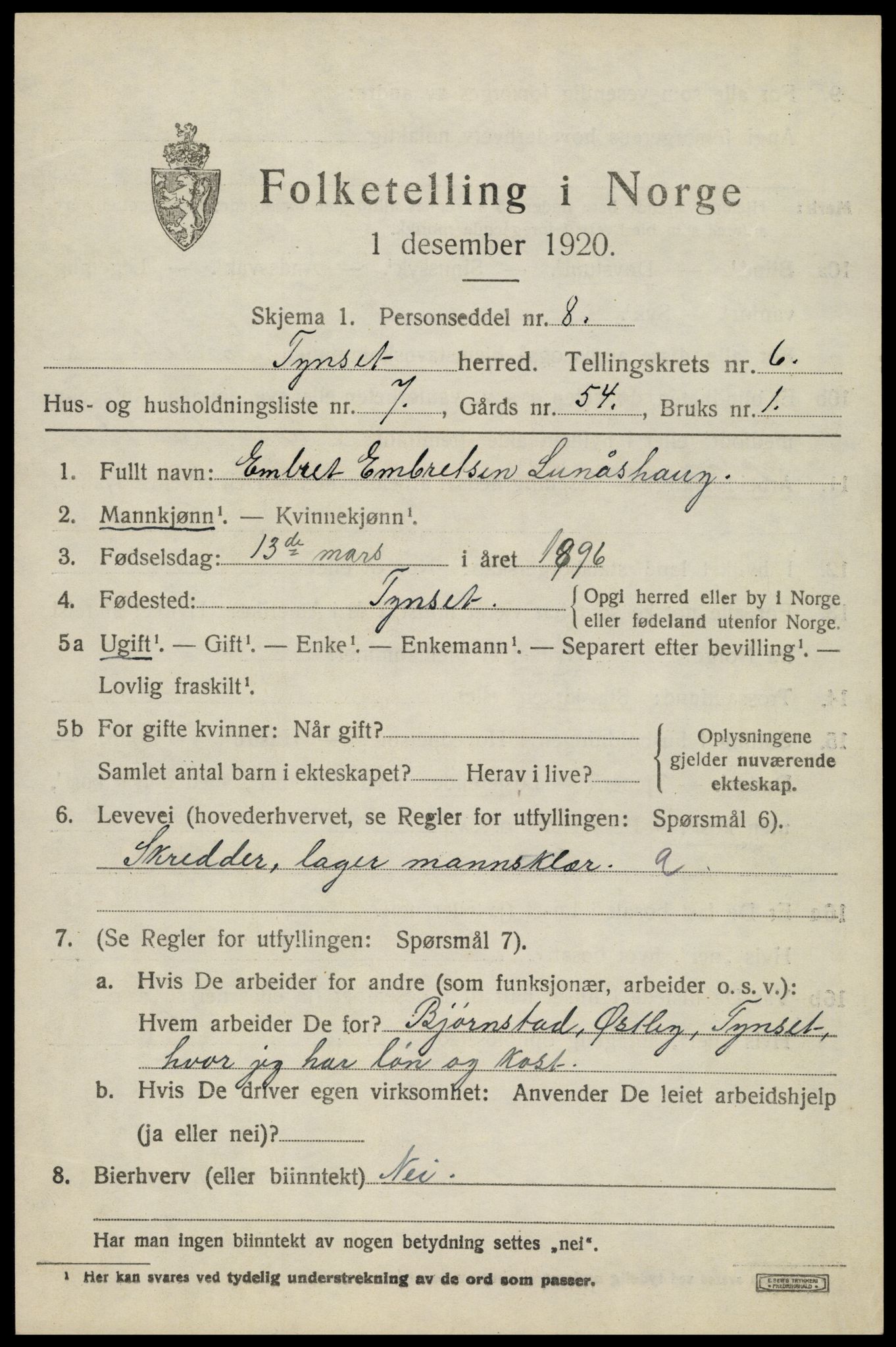 SAH, 1920 census for Tynset, 1920, p. 5614