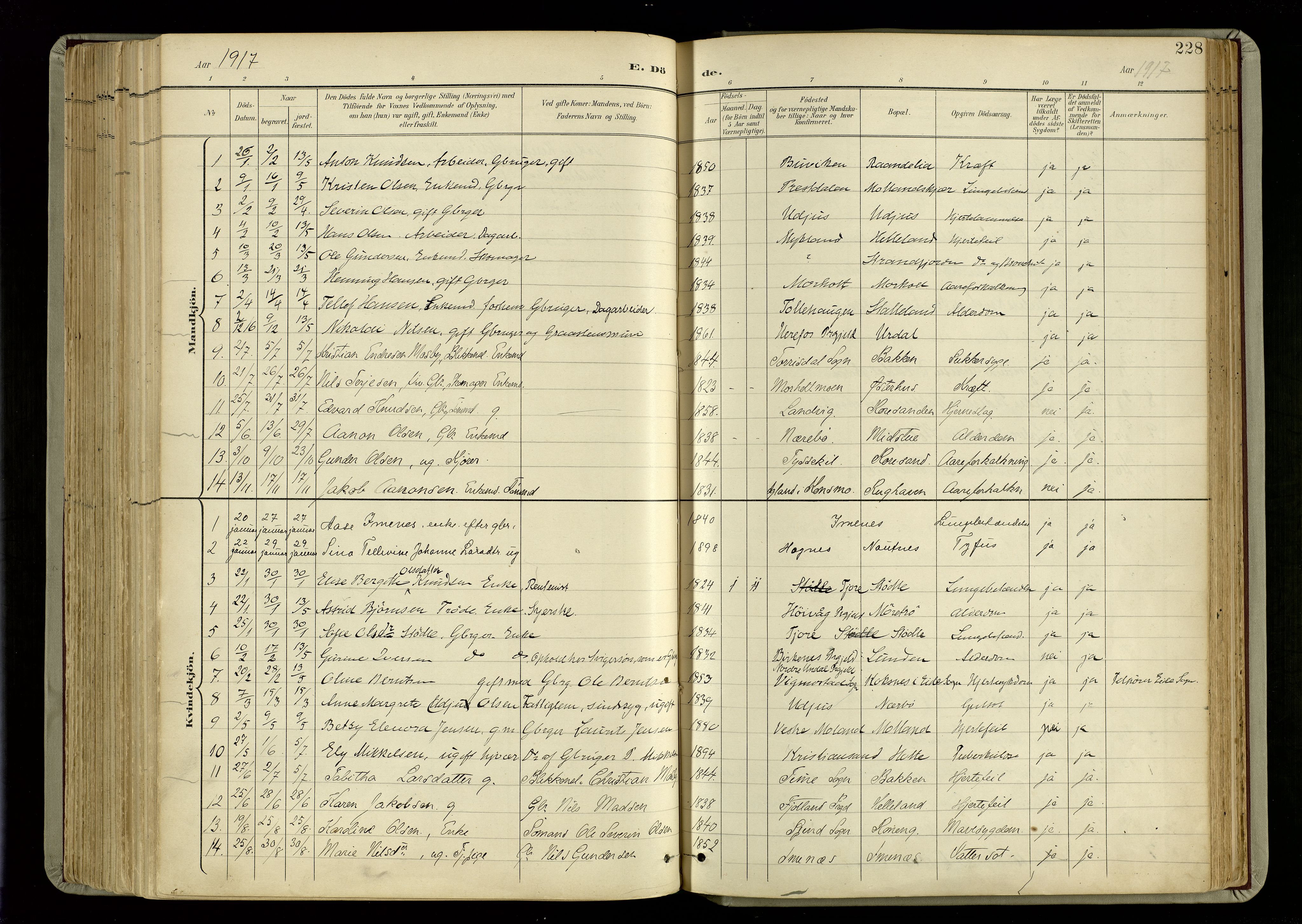 Hommedal sokneprestkontor, SAK/1111-0023/F/Fa/Fab/L0007: Parish register (official) no. A 7, 1898-1924, p. 228