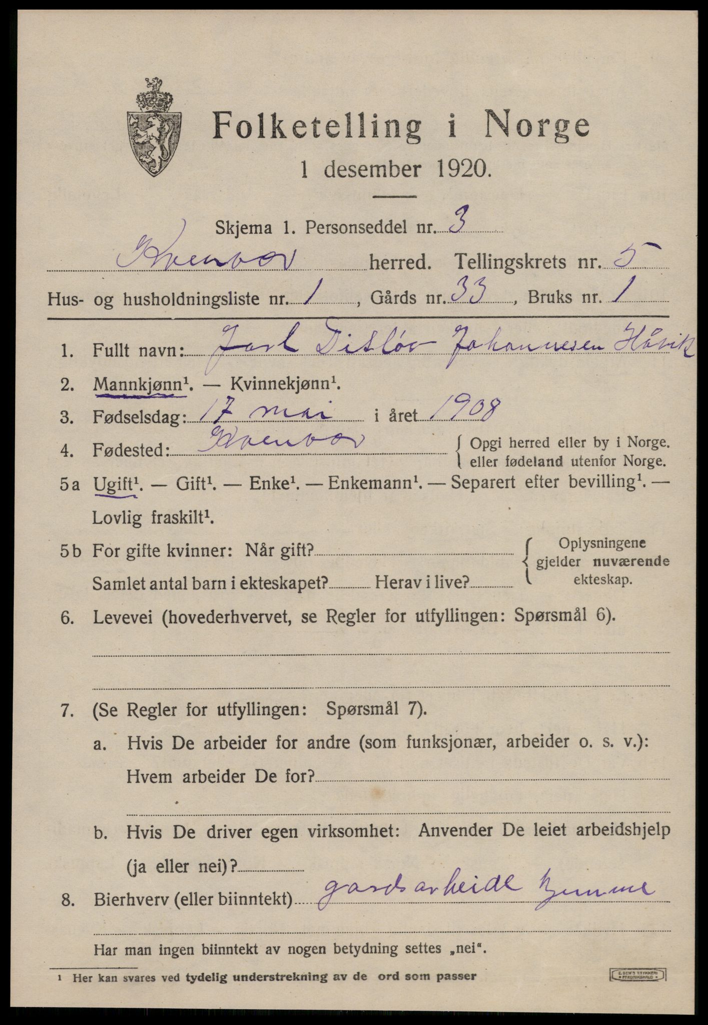 SAT, 1920 census for Kvenvær, 1920, p. 1890