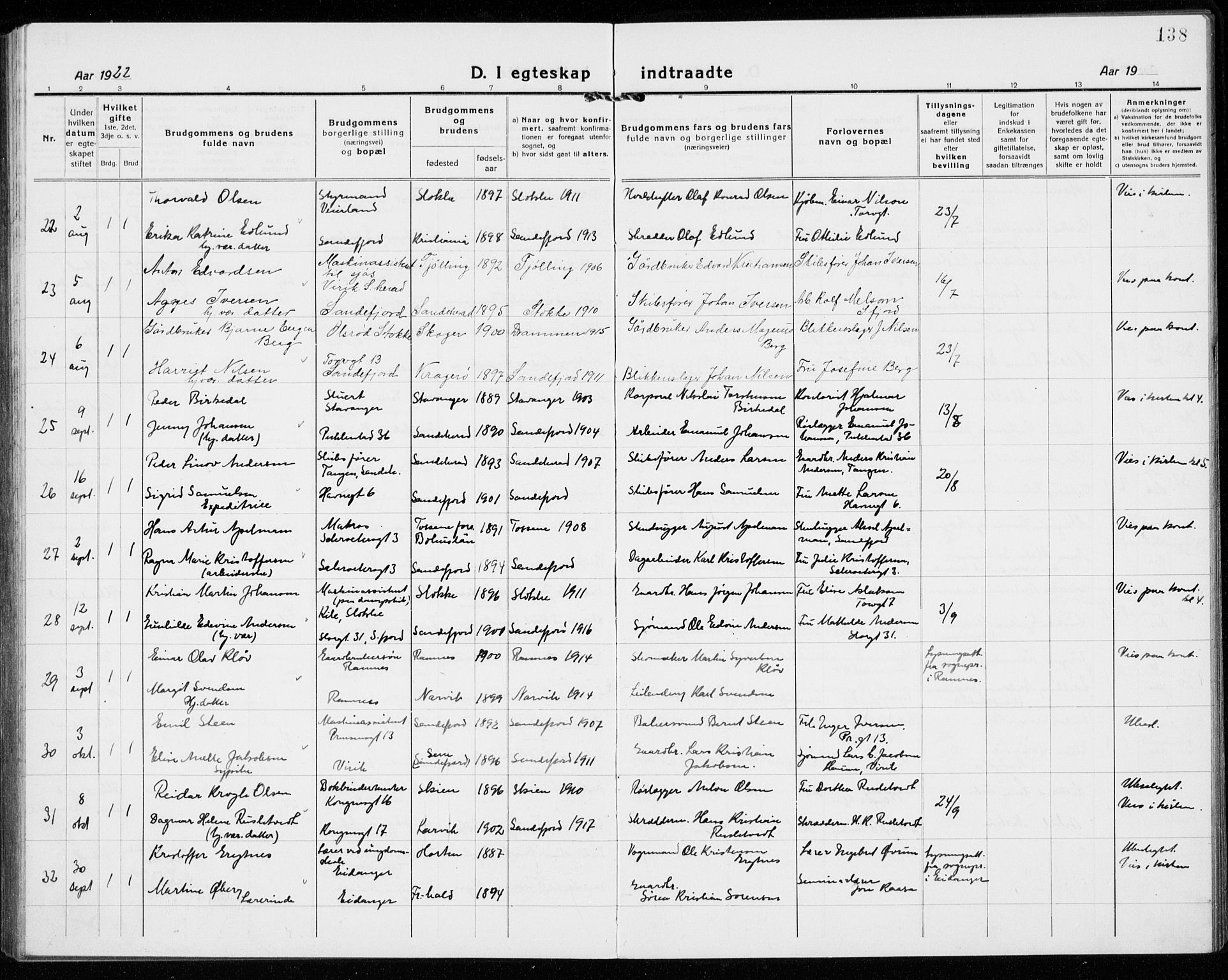 Sandefjord kirkebøker, AV/SAKO-A-315/G/Ga/L0004: Parish register (copy) no. 4, 1920-1931, p. 138