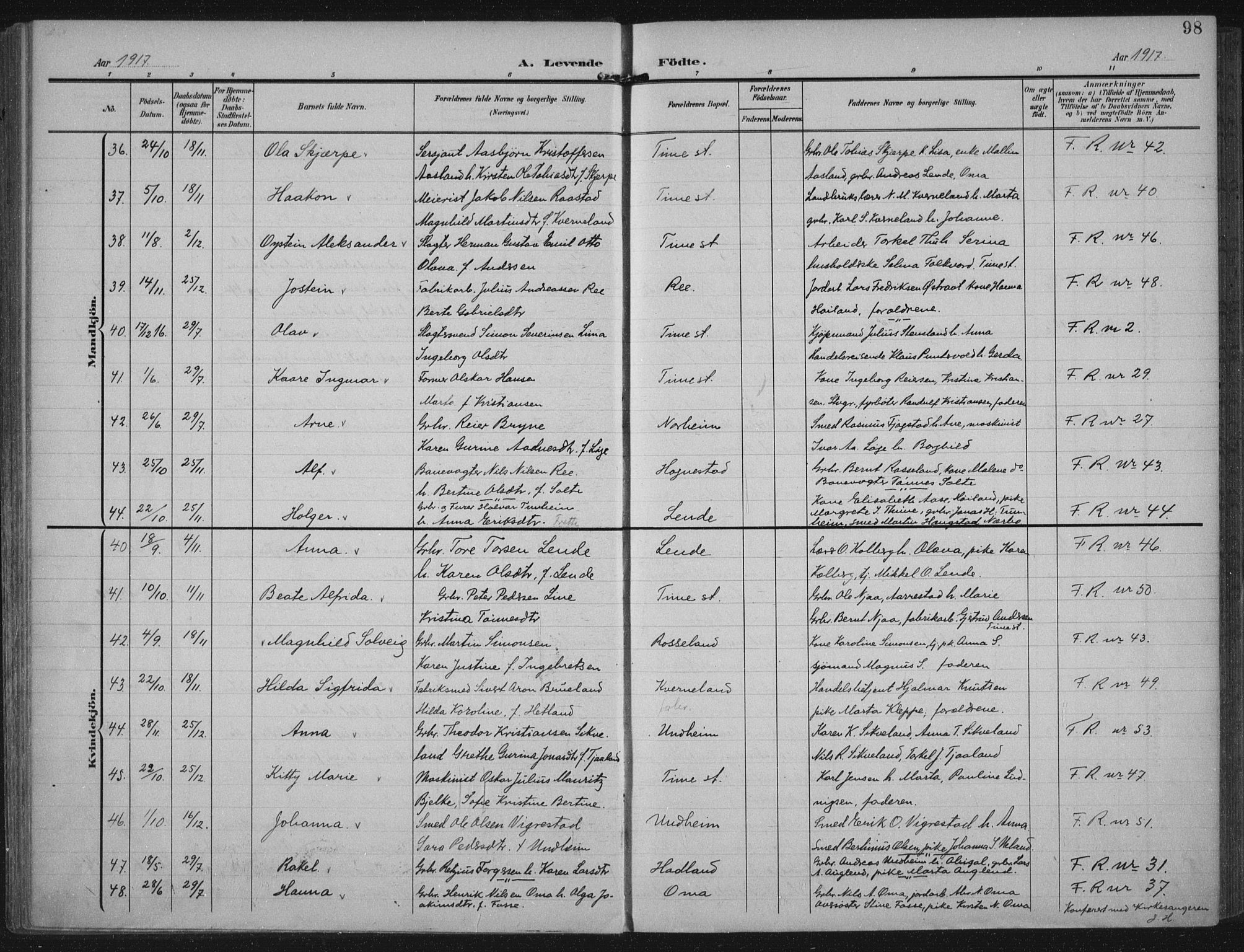 Lye sokneprestkontor, AV/SAST-A-101794/002/A/L0001: Parish register (official) no. A 12, 1904-1920, p. 98