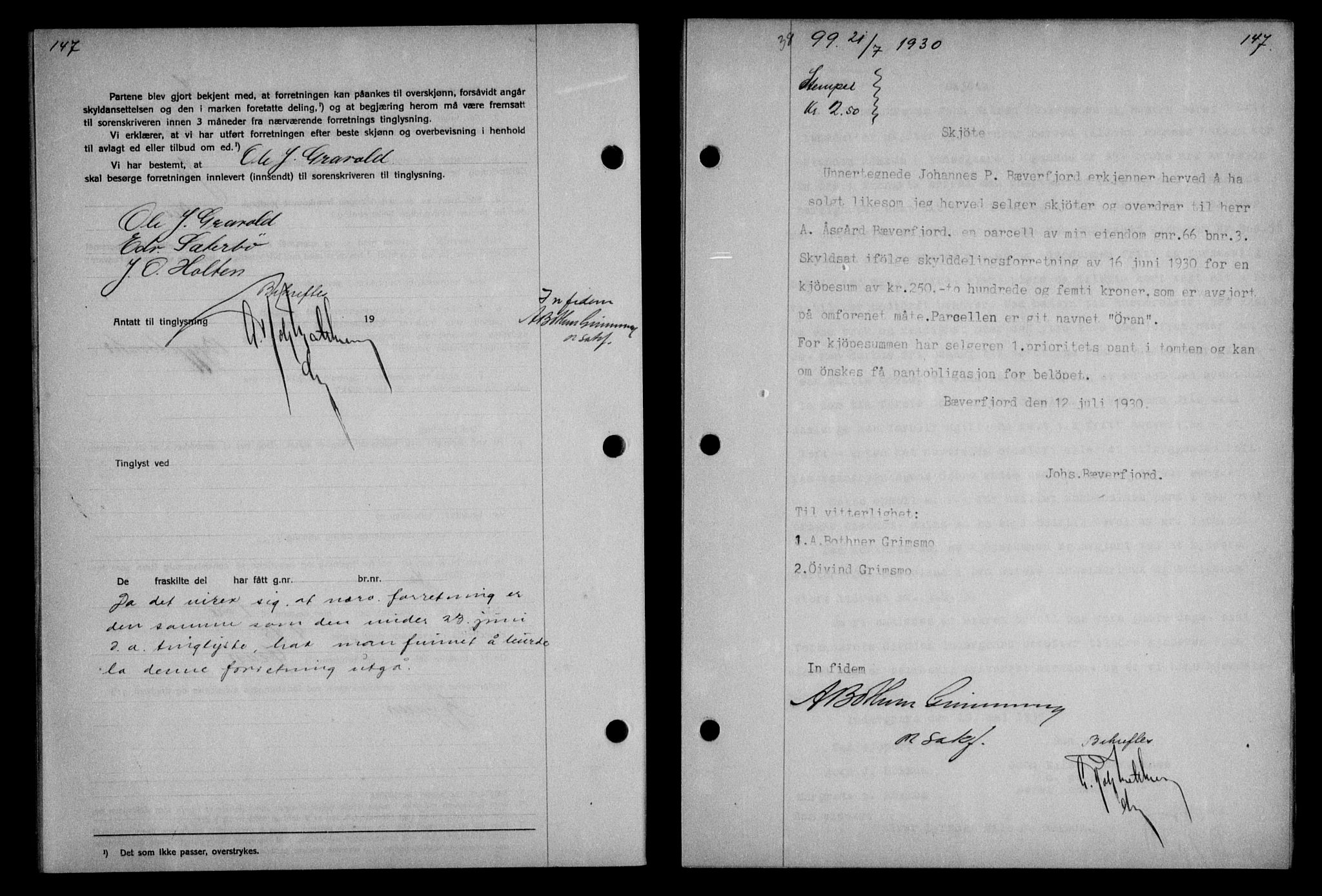 Nordmøre sorenskriveri, AV/SAT-A-4132/1/2/2Ca/L0070: Mortgage book no. 60, 1930-1930, Deed date: 21.07.1930