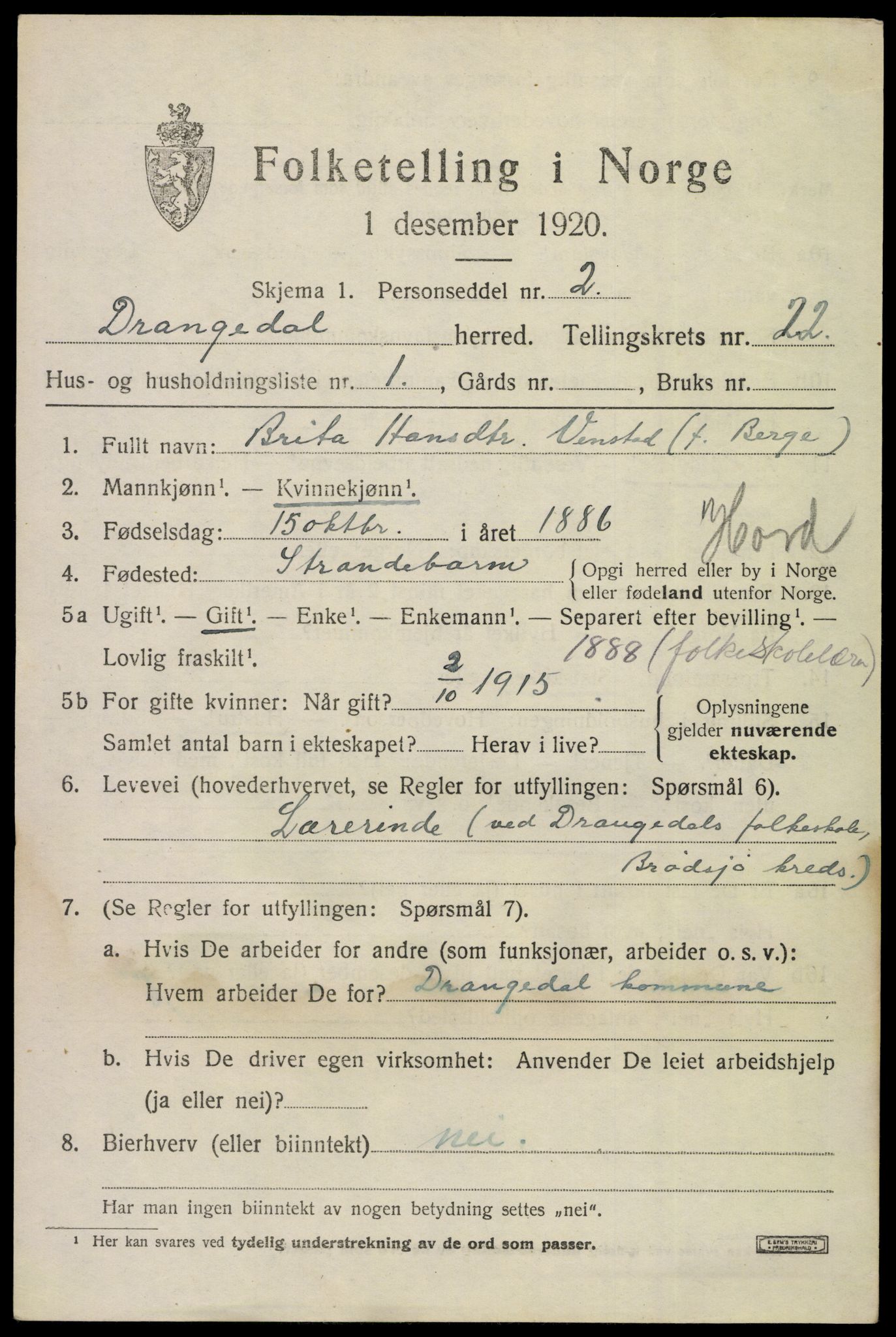 SAKO, 1920 census for Drangedal, 1920, p. 9959